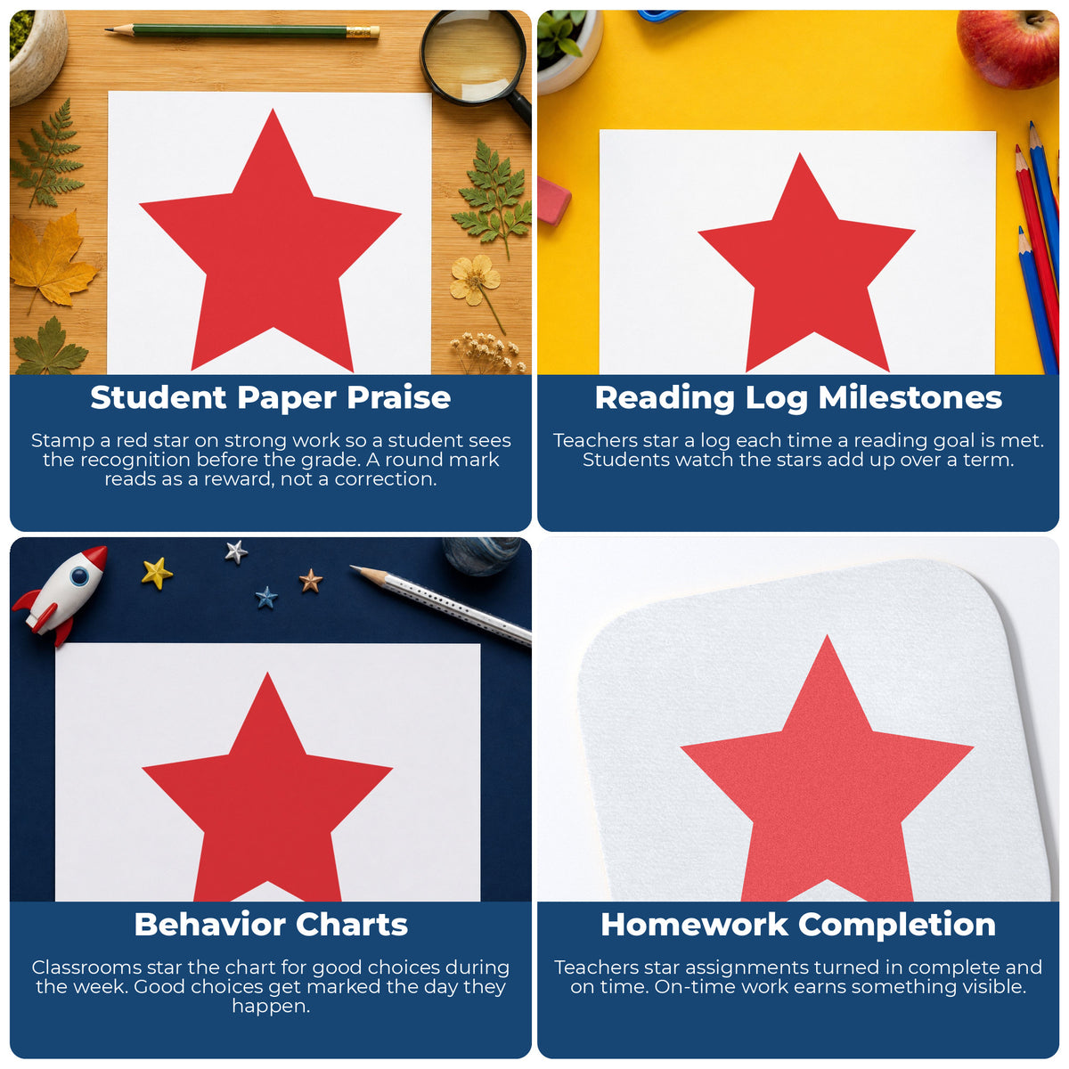 "Star" stamp shown in use on office documents, Star Stamp – Round Red Pre-Inked Xstamper overview