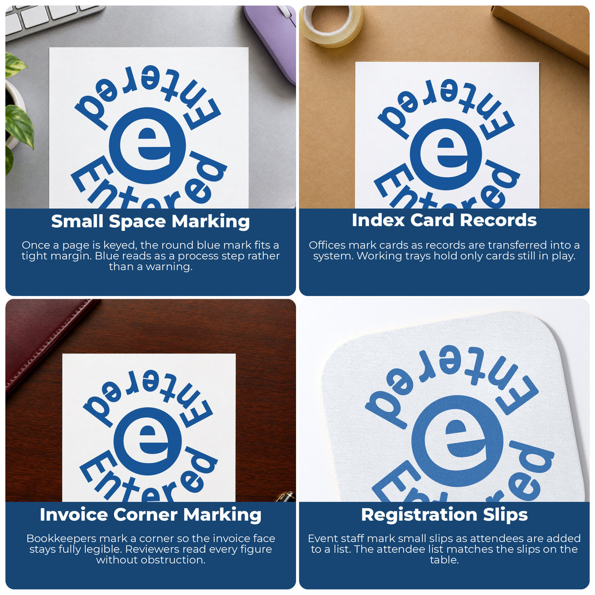 "Entered" stamp shown in use on office documents, Xstamper Entered Data Entry Stamp – Round Blue Pre-Inked overview