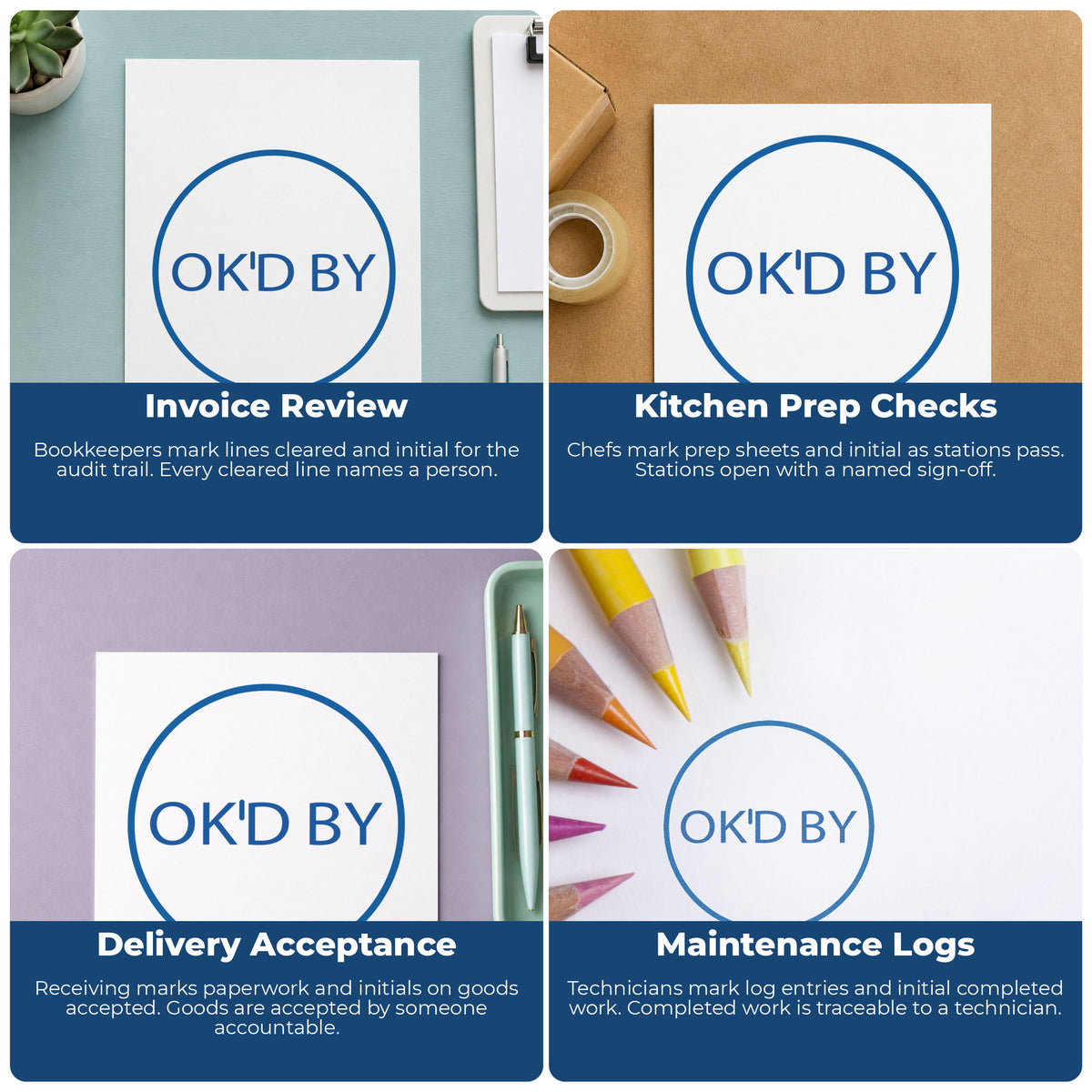 More ways to use the "OK'd by" imprint from the Xstamper OK'd By Approval Stamp – Round Pre-Inked