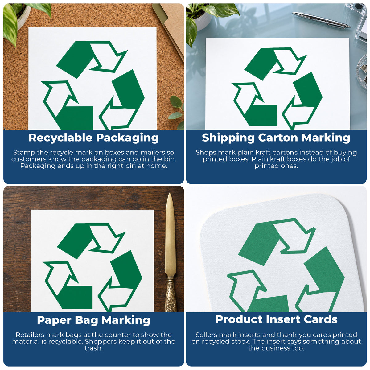 "Recycle logo" stamp shown in use on office documents, Round Recycle Logo Stamp overview