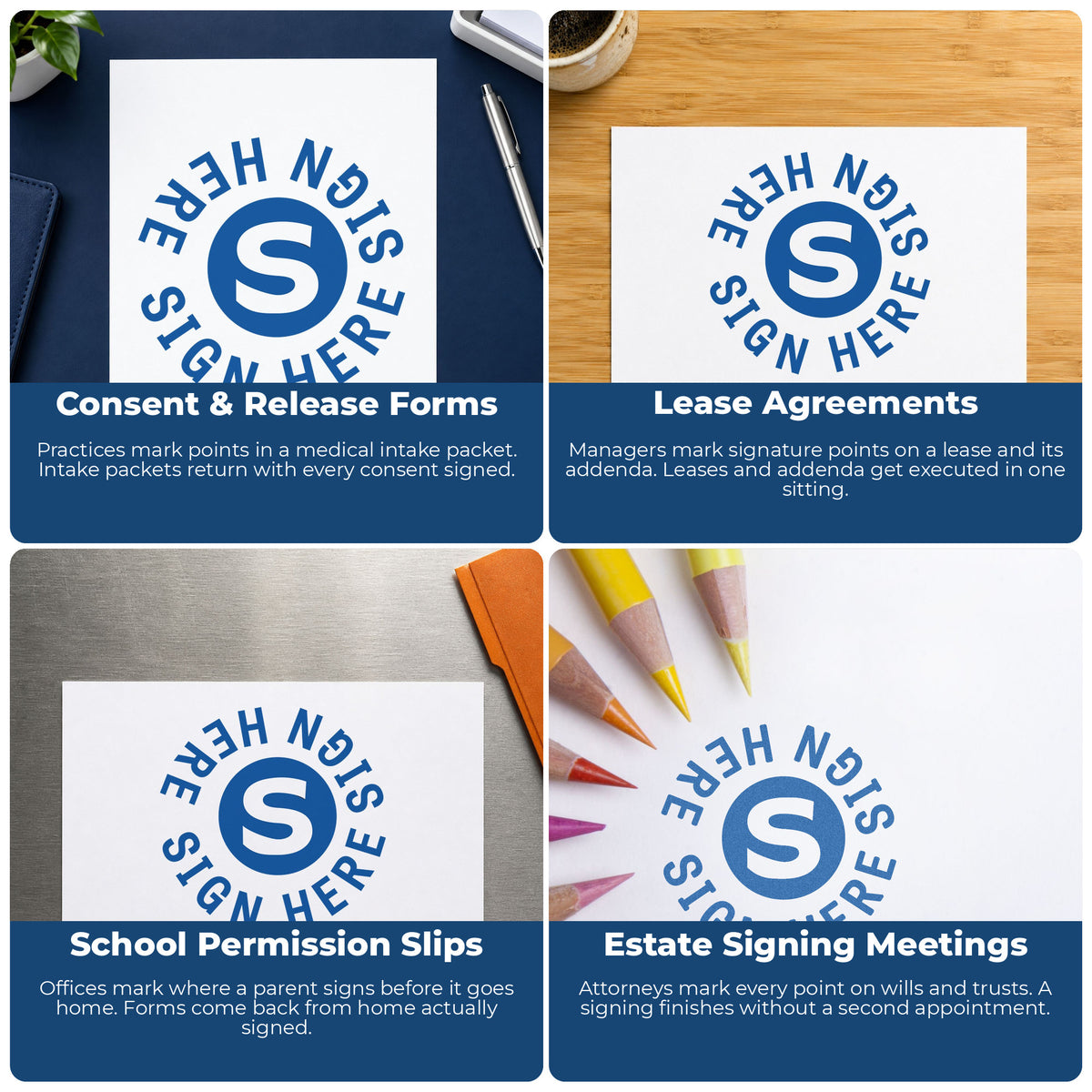 More ways to use the "Sign here" imprint from the Xstamper Sign Here Stamp – Round Blue Pre-Inked