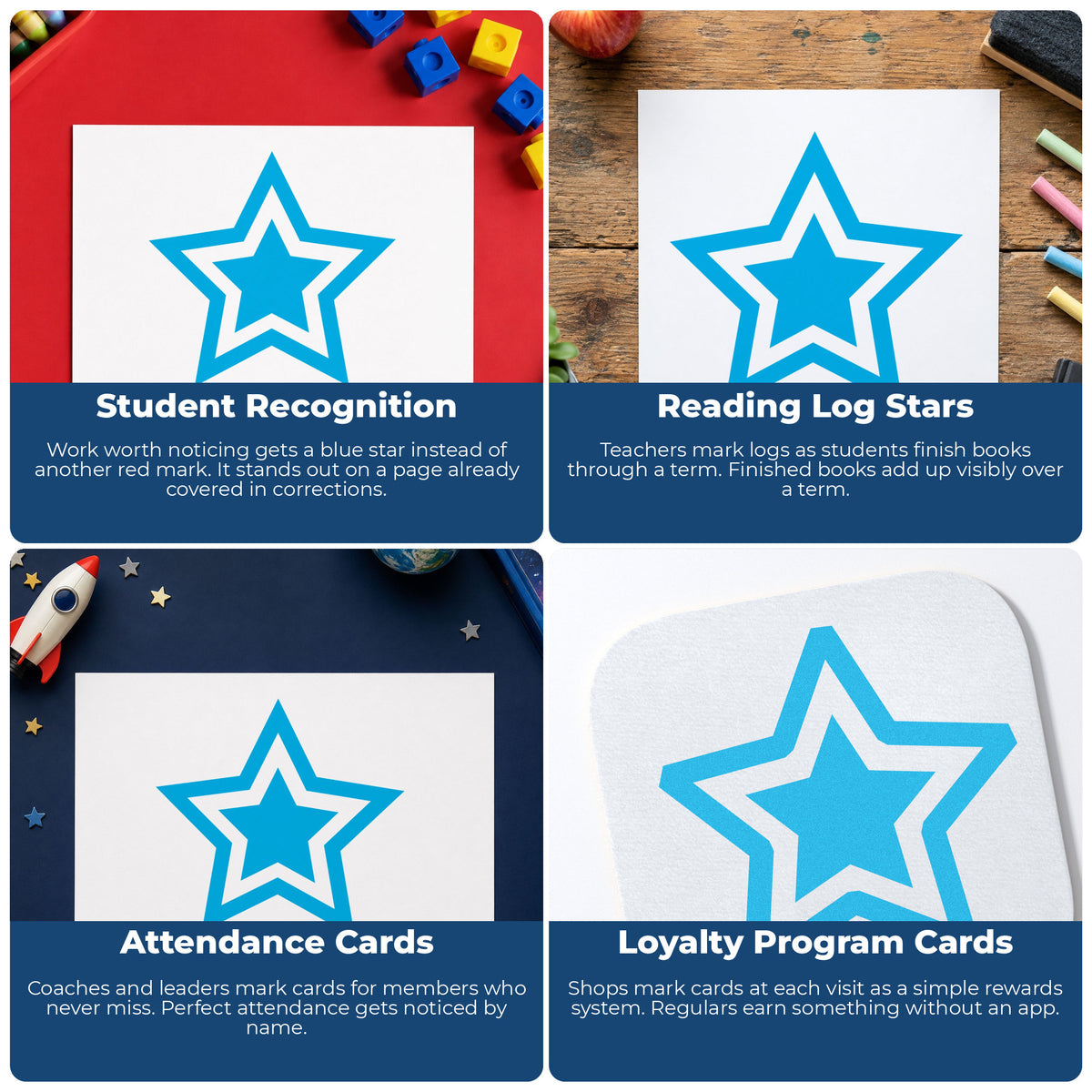 "Star" stamp shown in use on office documents, Star Stamp – Round Blue Pre-Inked Xstamper overview