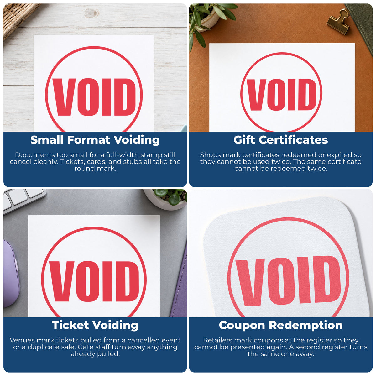 "Void" stamp shown in use on office documents, Round Void Document Stamp overview