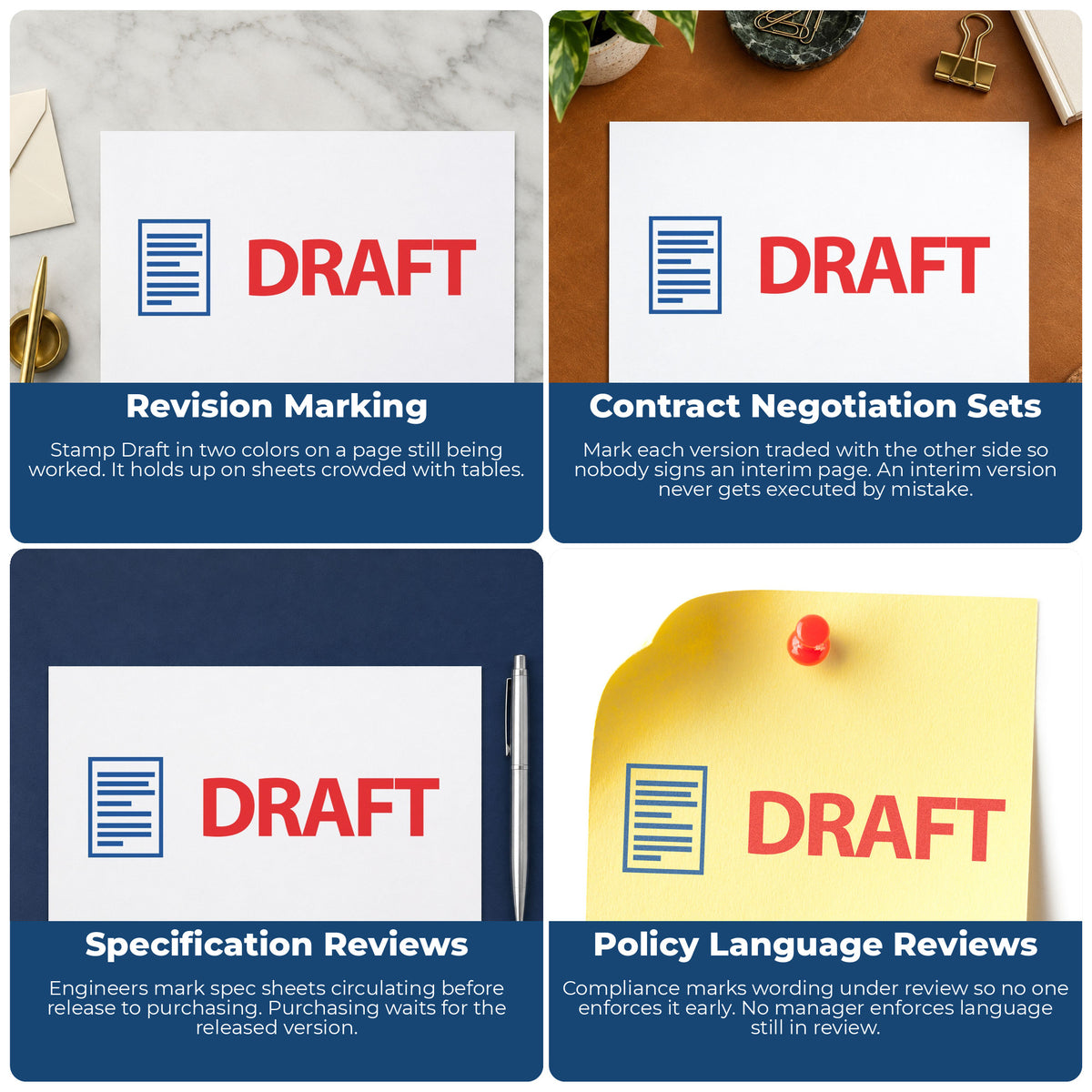 "Draft" stamp shown in use on office documents, Xstamper Draft Stamp overview