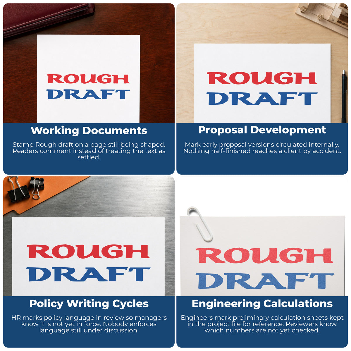 "Rough draft" stamp shown in use on office documents, Two-Color Rough Draft Document Stamp overview