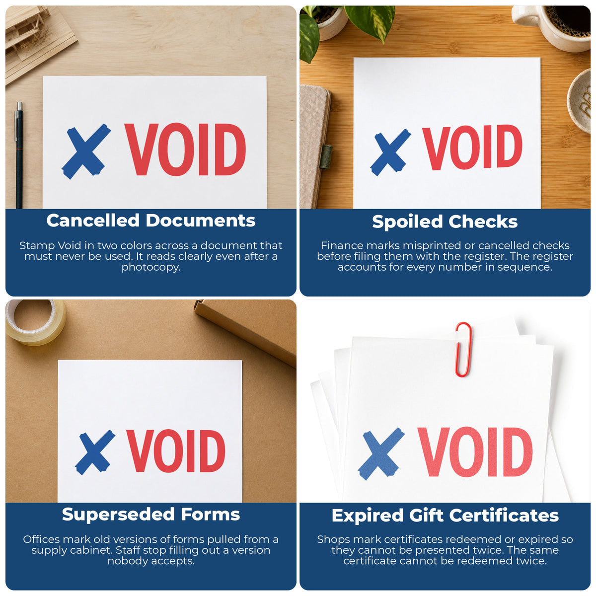"Void" stamp shown in use on office documents, Xstamper Void Check Stamp overview