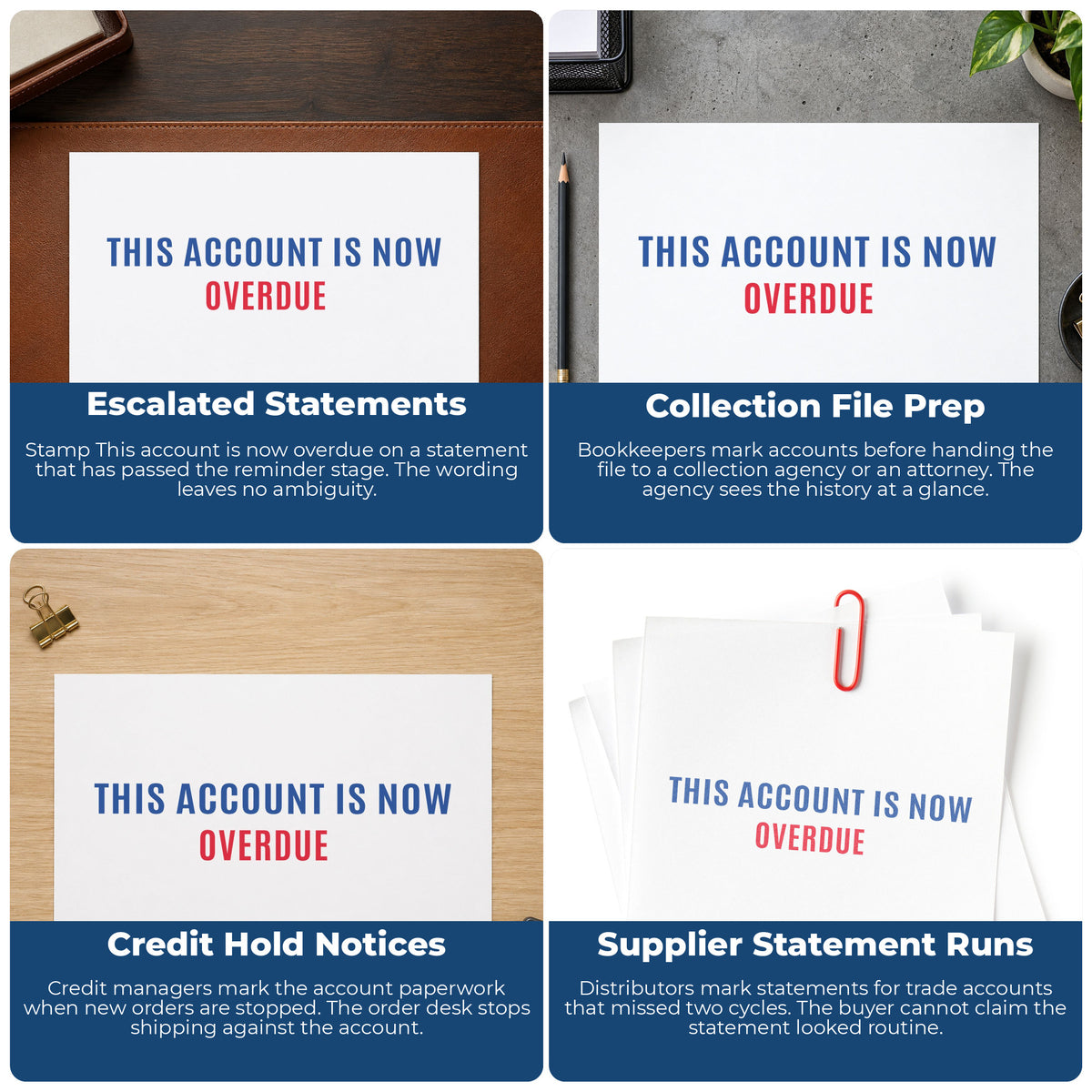 "This account is now overdue" stamp shown in use on office documents, Xstamper This Account Is Now Overdue Billing Stamp o...