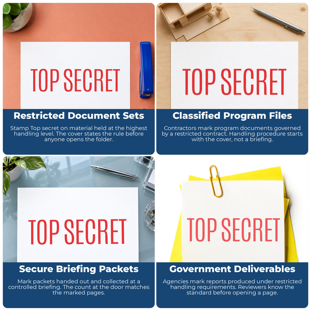 "Top secret" stamp shown in use on office documents, Top Secret Document Stamp overview