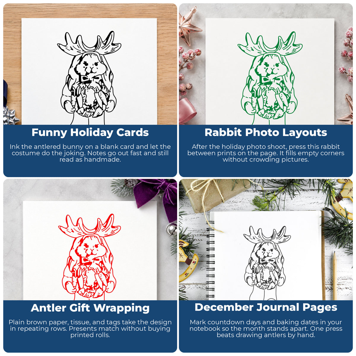 Bunny in Reindeer Costume Rubber Stamp project ideas: Funny Holiday Cards, Rabbit Photo Layouts, Antler Gift Wrapping and December Journal Pages.
