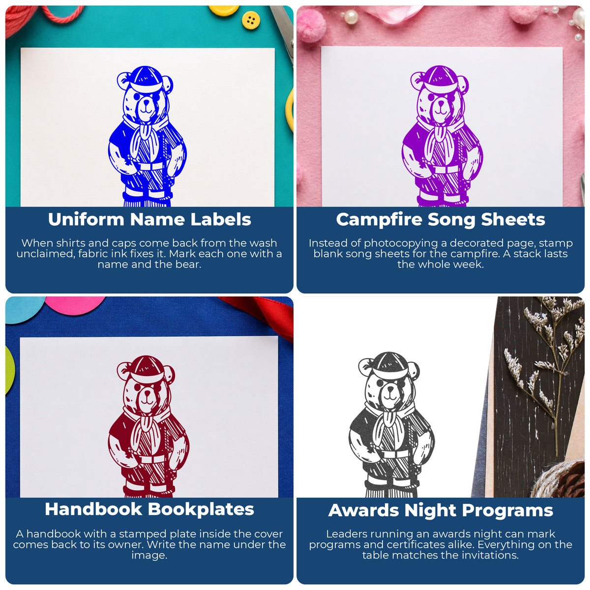Cub Scout Bear in Uniform Rubber Stamp project ideas: Uniform Name Labels, Campfire Song Sheets, Handbook Bookplates and Awards Night Programs.