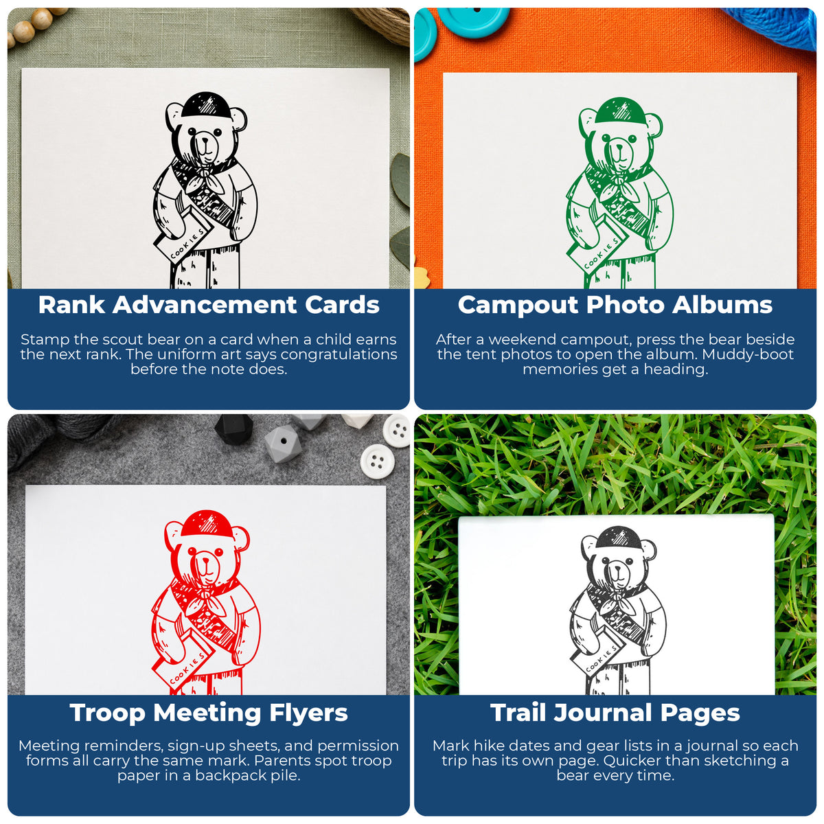Scout Bear Rubber Stamp project ideas: Rank Advancement Cards, Campout Photo Albums, Troop Meeting Flyers and Trail Journal Pages.