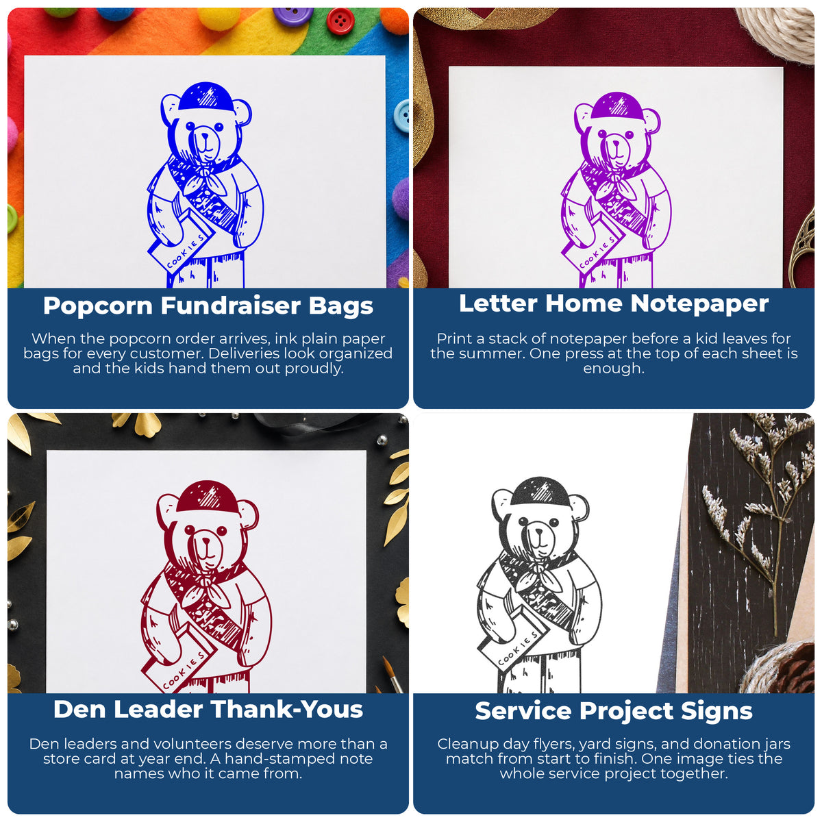 Scout Bear Rubber Stamp project ideas: Popcorn Fundraiser Bags, Letter Home Notepaper, Den Leader Thank-Yous and Service Project Signs.