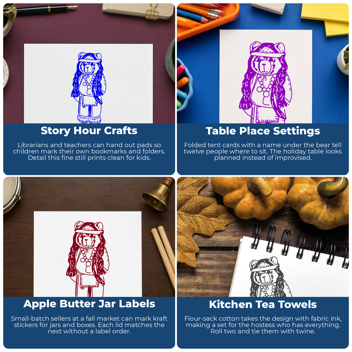 Bear in Native American Costume Rubber Stamp project ideas: Story Hour Crafts, Table Place Settings, Apple Butter Jar Labels and Kitchen Tea Towels.