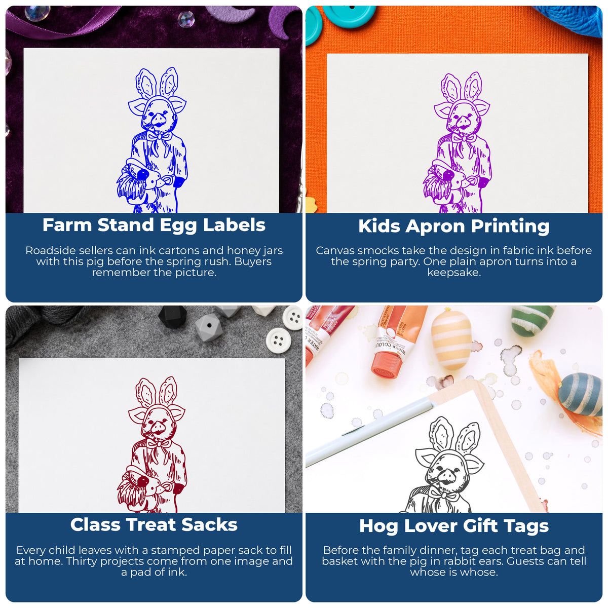 Pig in Bunny Costume with Basket Rubber Stamp project ideas: Farm Stand Egg Labels, Kids Apron Printing, Class Treat Sacks and Hog Lover Gift Tags.