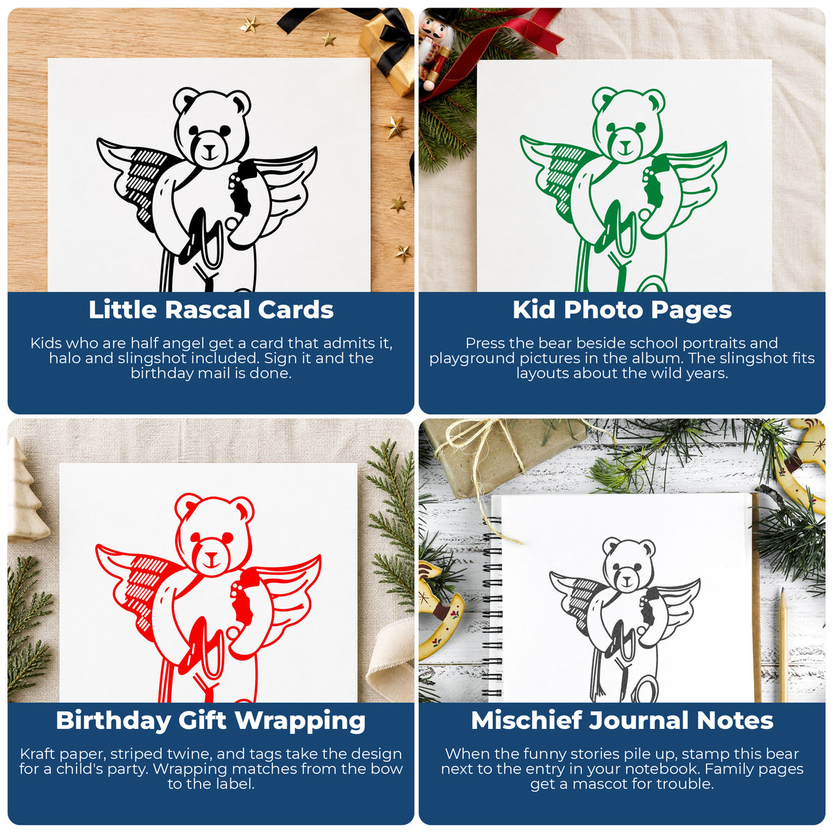 Angel Bear with Slingshot Rubber Stamp project ideas: Little Rascal Cards, Kid Photo Pages, Birthday Gift Wrapping and Mischief Journal Notes.