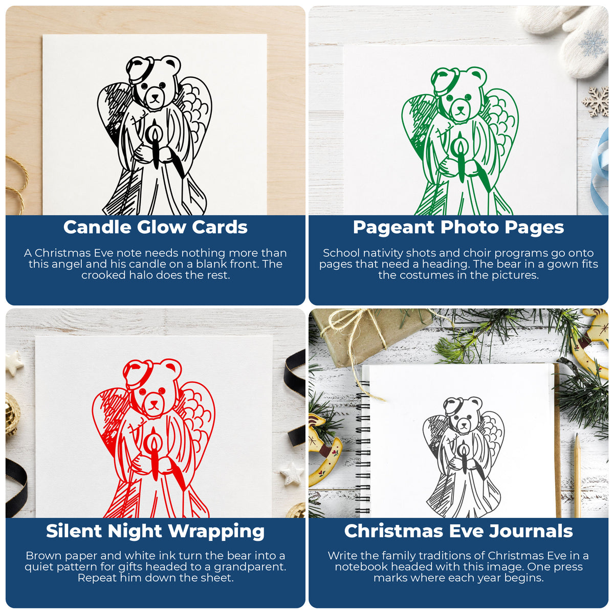 Angel Bear with Slipped Halo Rubber Stamp project ideas: Candle Glow Cards, Pageant Photo Pages, Silent Night Wrapping and Christmas Eve Journals.