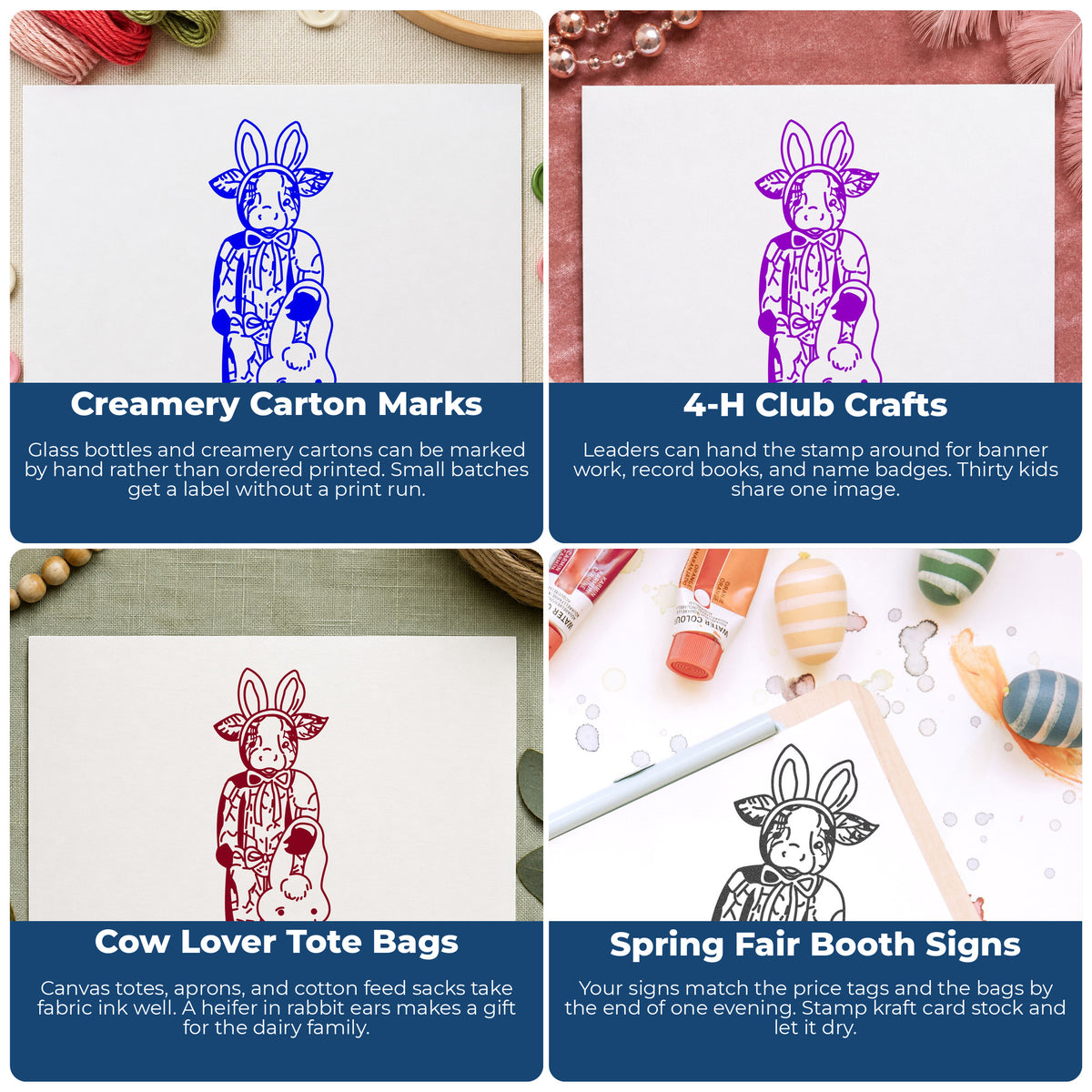 Cow in Bunny Costume with Basket Rubber Stamp project ideas: Creamery Carton Marks, 4-H Club Crafts, Cow Lover Tote Bags and Spring Fair Booth Signs.
