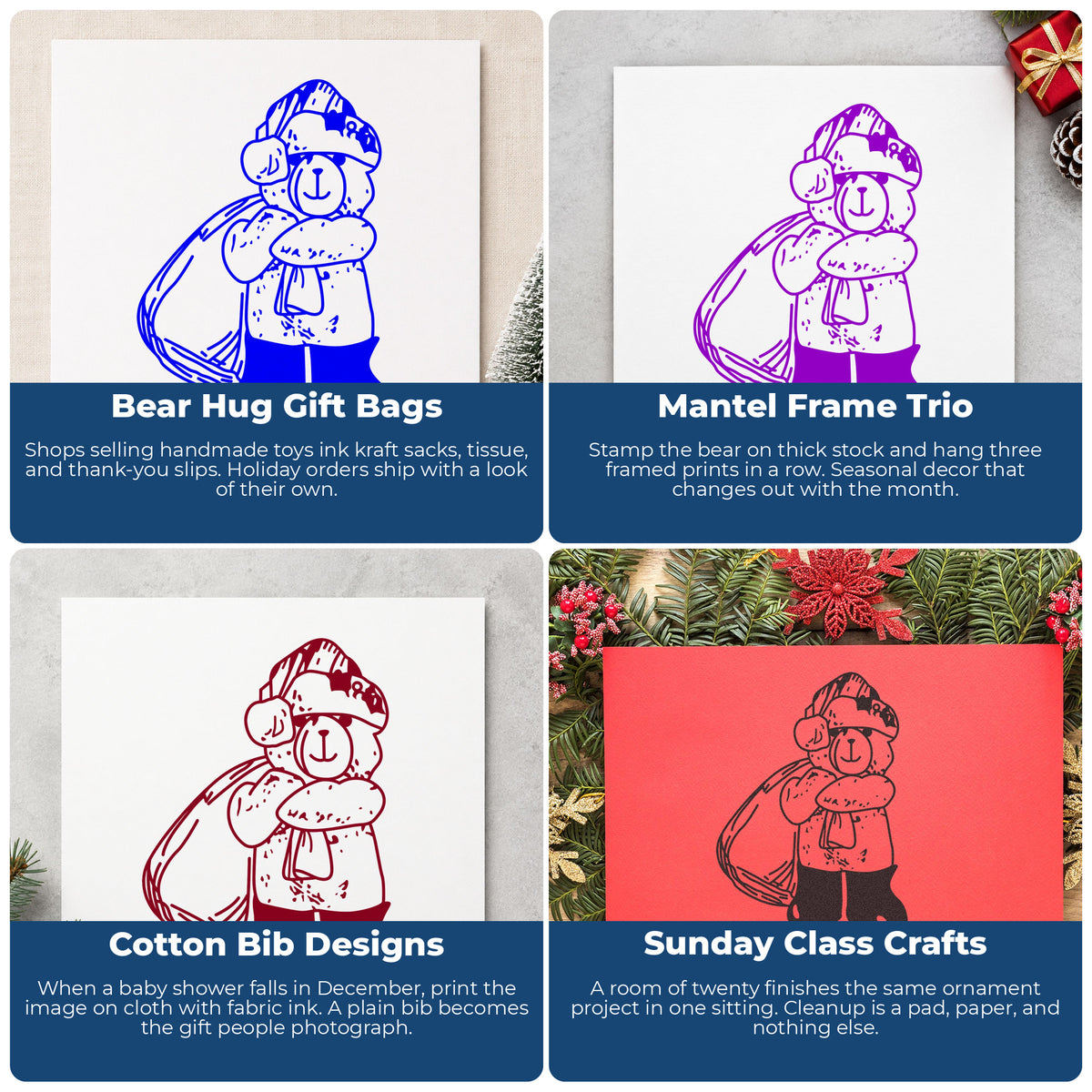 Santa Bear with Gift Bag Rubber Stamp project ideas: Bear Hug Gift Bags, Mantel Frame Trio, Cotton Bib Designs and Sunday Class Crafts.