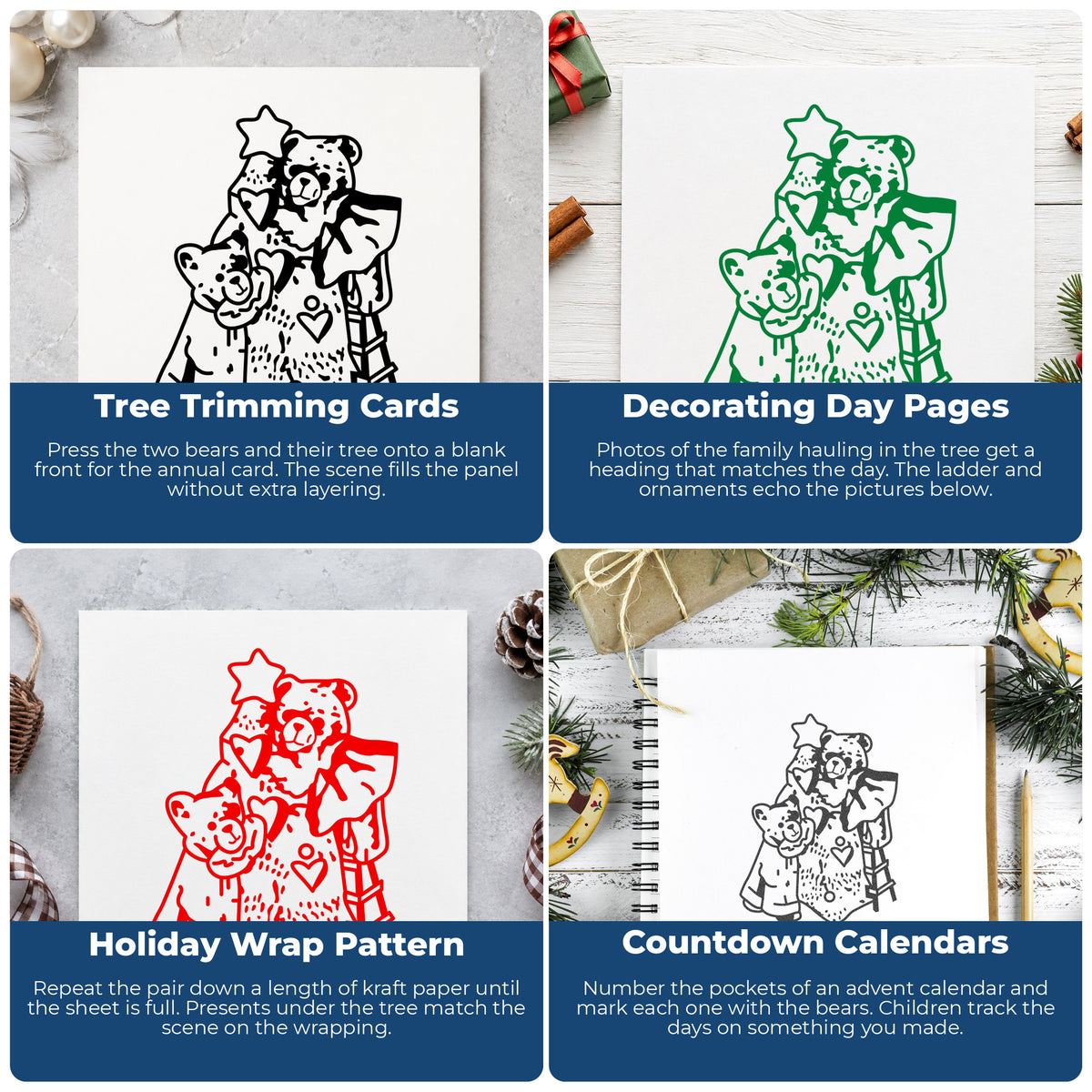 Two Bears Decorating Christmas Tree Rubber Stamp project ideas: Tree Trimming Cards, Decorating Day Pages, Holiday Wrap Pattern and Countdown Calendars.