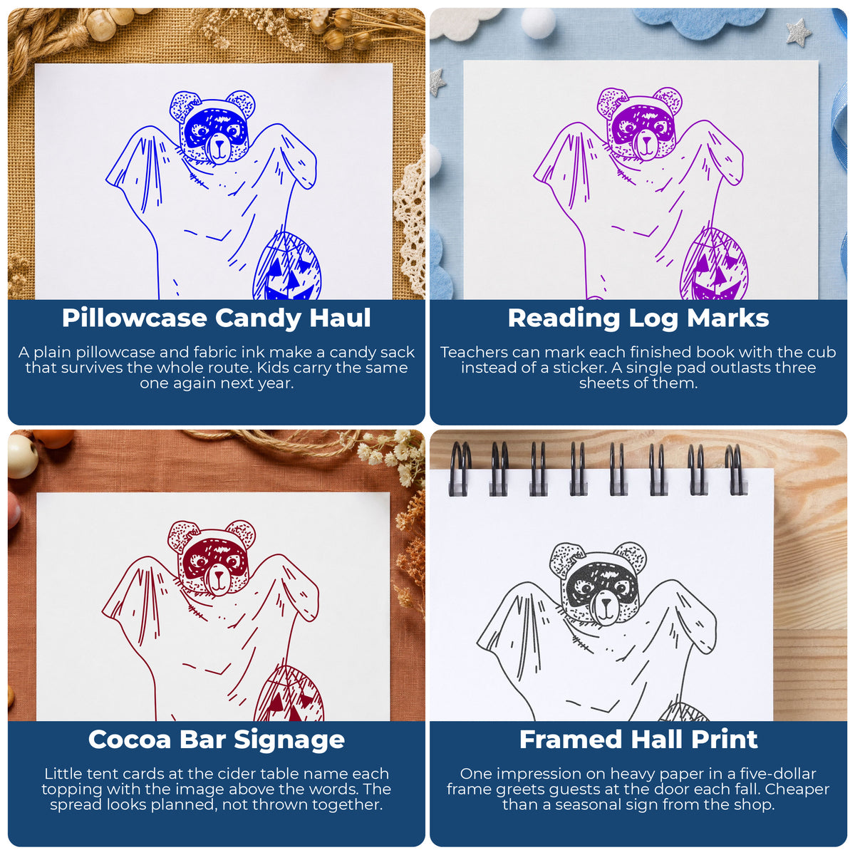 Bear in Ghost Costume Rubber Stamp project ideas: Pillowcase Candy Haul, Reading Log Marks, Cocoa Bar Signage and Framed Hall Print.