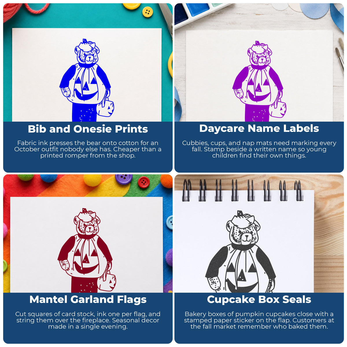 Pumpkin Costume Bear Halloween Rubber Stamp project ideas: Bib and Onesie Prints, Daycare Name Labels, Mantel Garland Flags and Cupcake Box Seals.