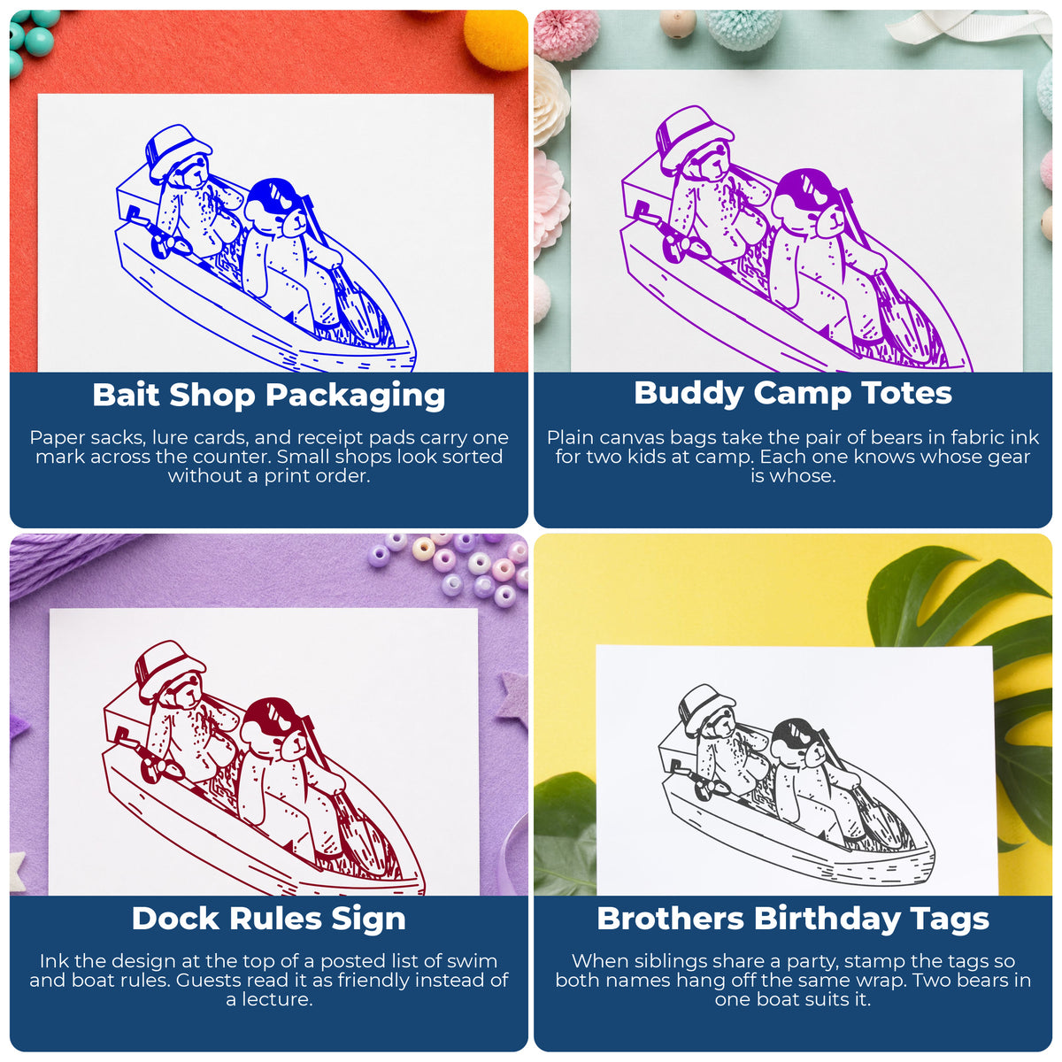 Two Bears in a Boat Rubber Stamp project ideas: Bait Shop Packaging, Buddy Camp Totes, Dock Rules Sign and Brothers Birthday Tags.