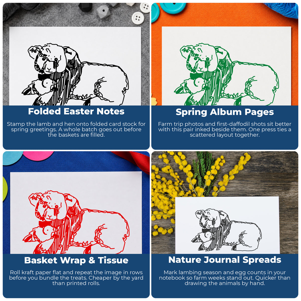 Lamb and Chicken Rubber Stamp project ideas: Folded Easter Notes, Spring Album Pages, Basket Wrap & Tissue and Nature Journal Spreads.