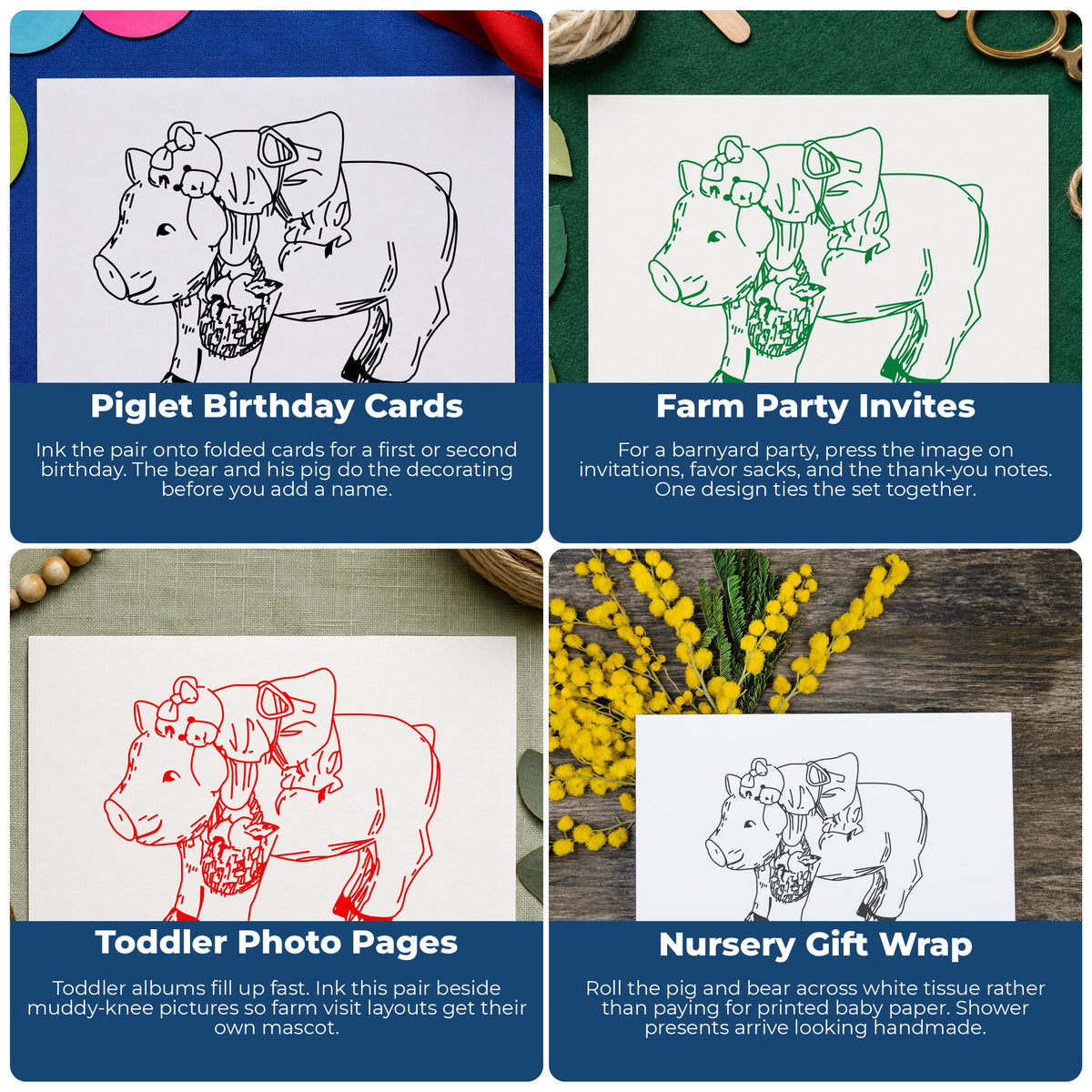 Teddy Bear Riding Pig Rubber Stamp project ideas: Piglet Birthday Cards, Farm Party Invites, Toddler Photo Pages and Nursery Gift Wrap.