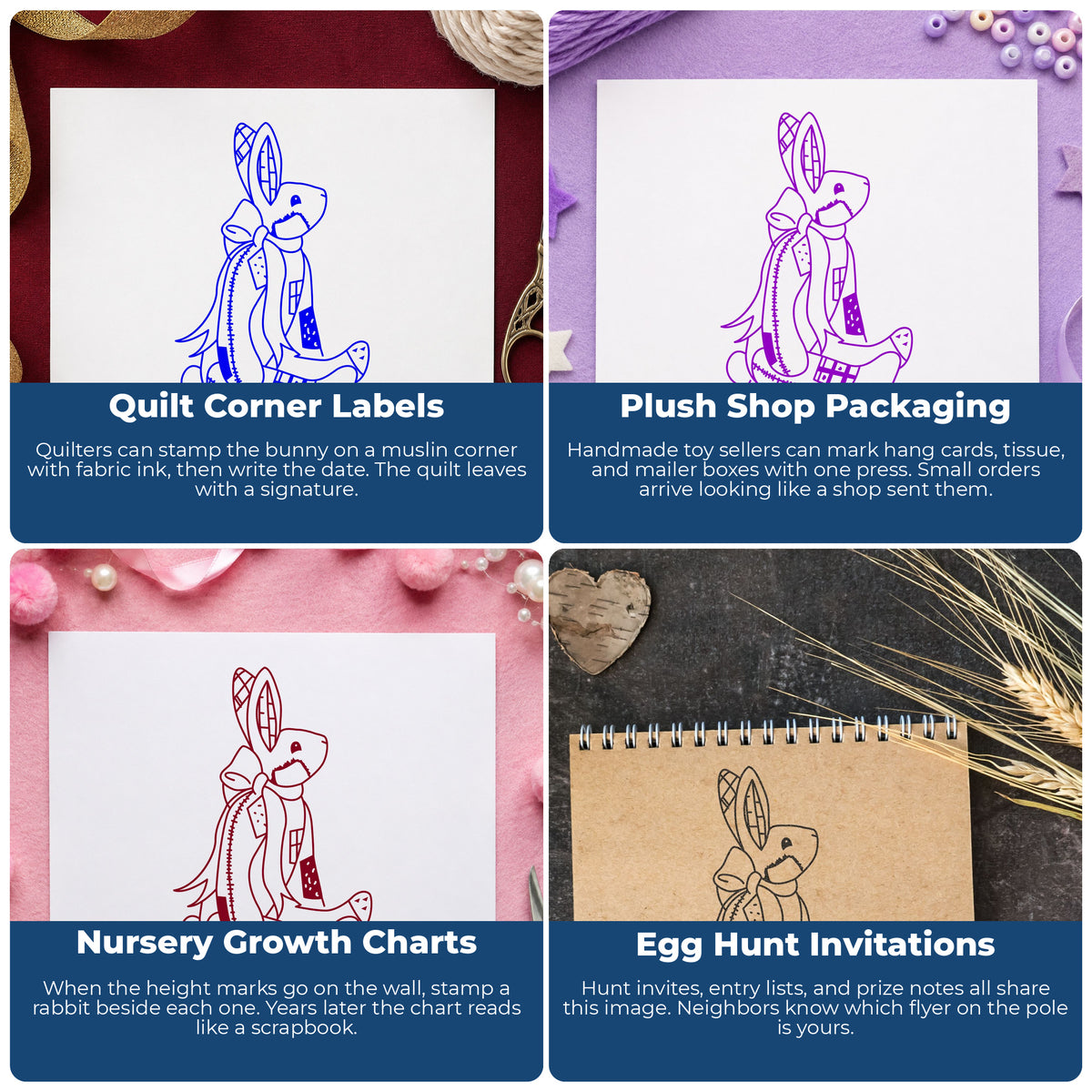 Patchwork Bunny with Bow Rubber Stamp project ideas: Quilt Corner Labels, Plush Shop Packaging, Nursery Growth Charts and Egg Hunt Invitations.