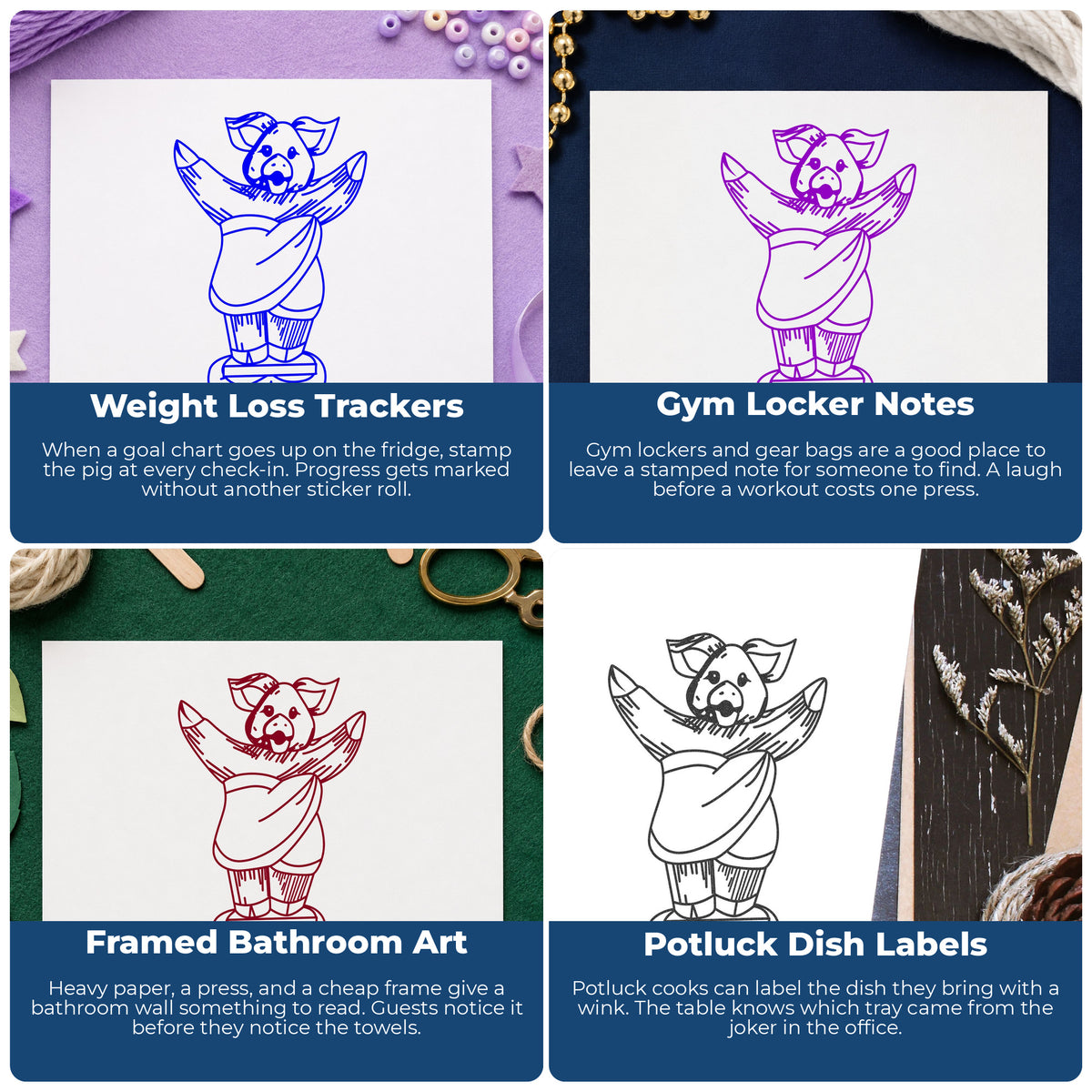 Pig on Bathroom Scales Rubber Stamp project ideas: Weight Loss Trackers, Gym Locker Notes, Framed Bathroom Art and Potluck Dish Labels.