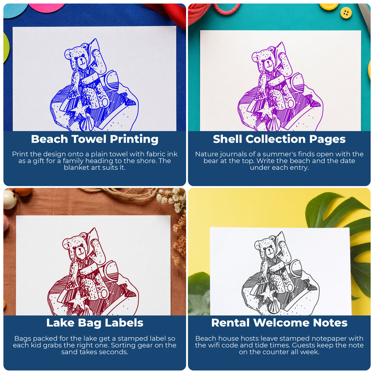 Beach Bear on Blanket Rubber Stamp project ideas: Beach Towel Printing, Shell Collection Pages, Lake Bag Labels and Rental Welcome Notes.