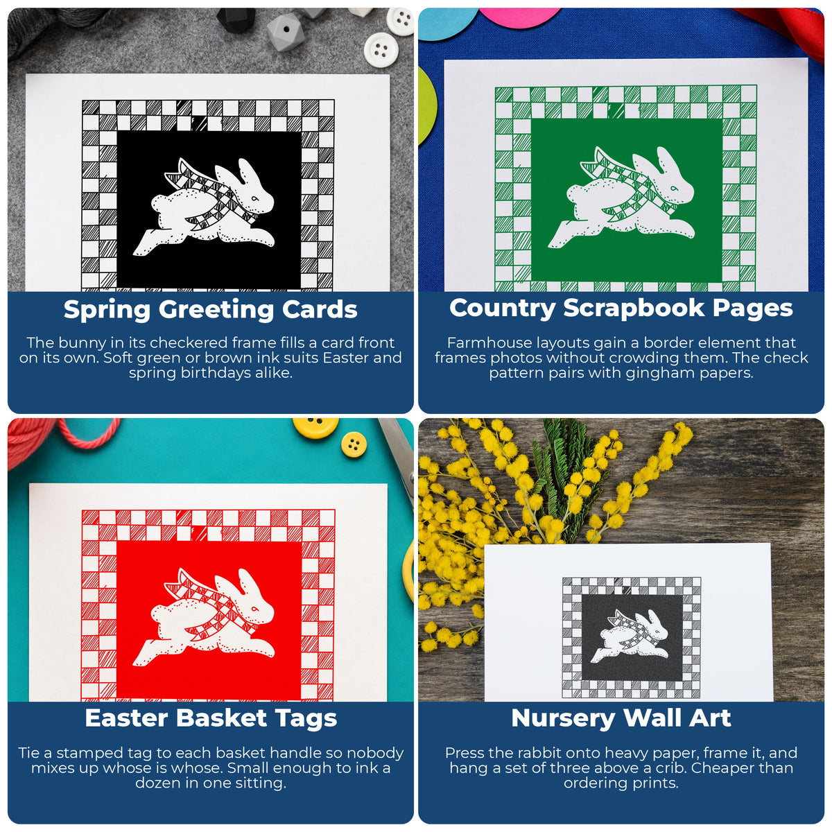 Rabbit with Checkered Border Rubber Stamp project ideas: Spring Greeting Cards, Country Scrapbook Pages, Easter Basket Tags and Nursery Wall Art.