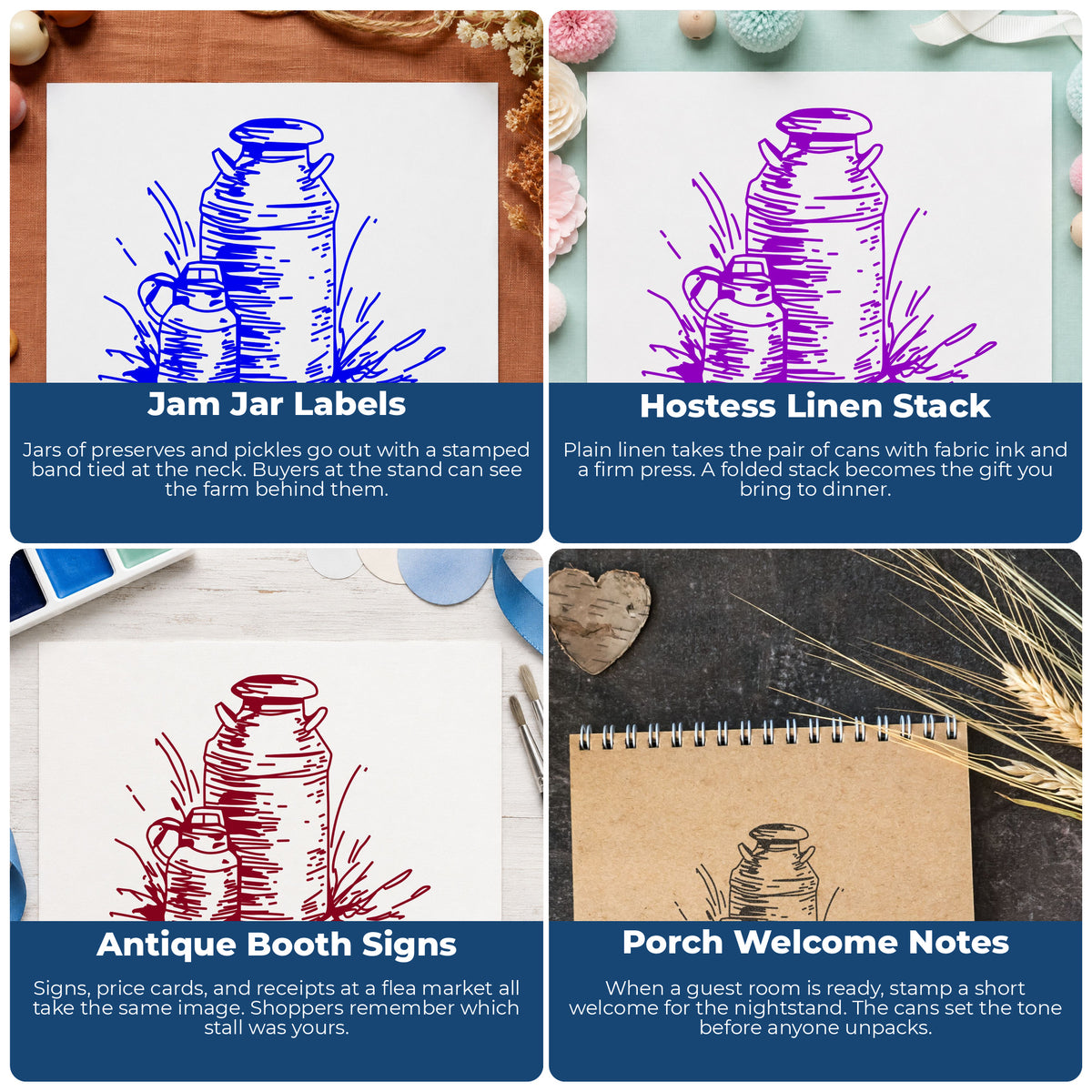 Two Milk Cans Rubber Stamp project ideas: Jam Jar Labels, Hostess Linen Stack, Antique Booth Signs and Porch Welcome Notes.