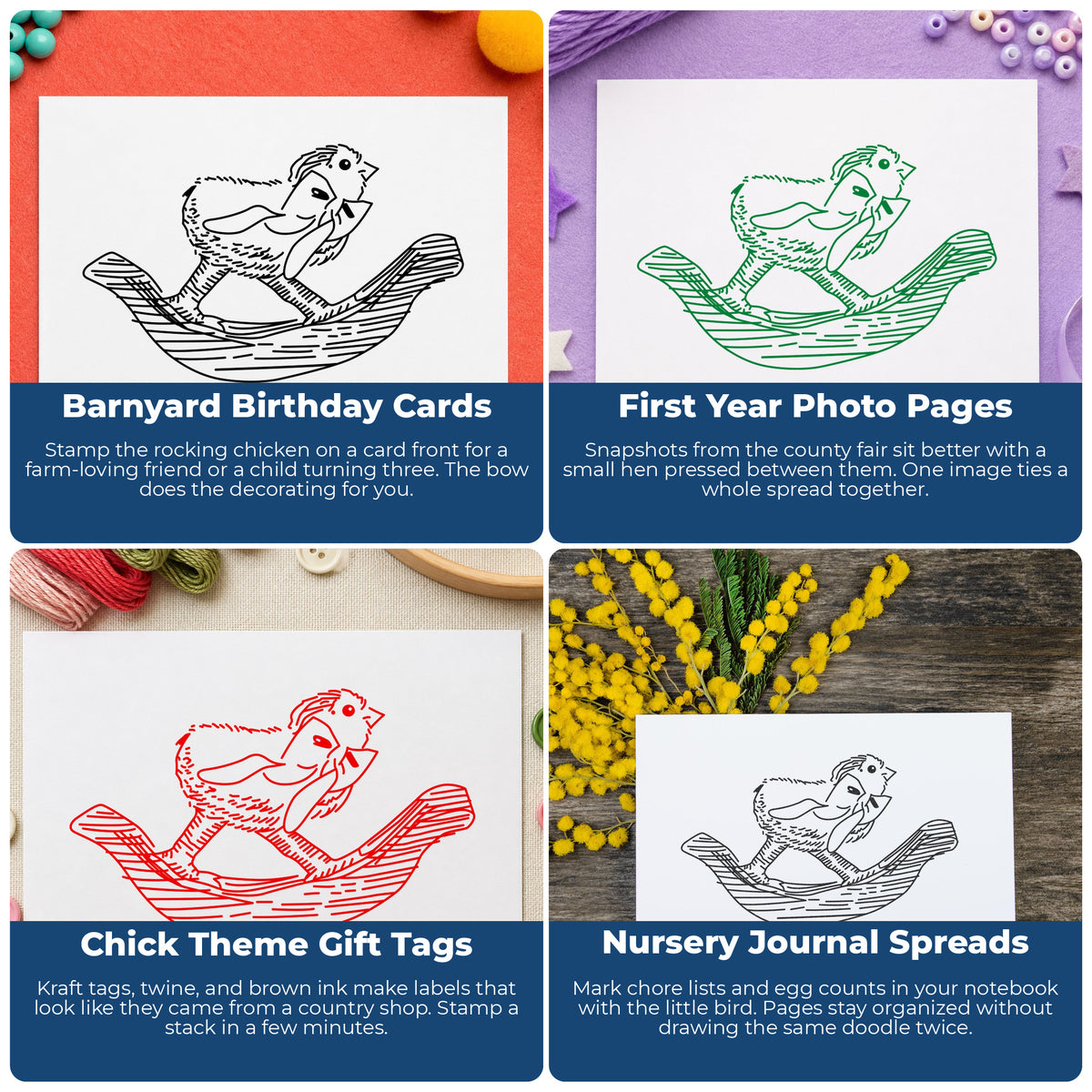 Rocking Chicken with Bow Rubber Stamp project ideas: Barnyard Birthday Cards, First Year Photo Pages, Chick Theme Gift Tags and Nursery Journal Spreads.