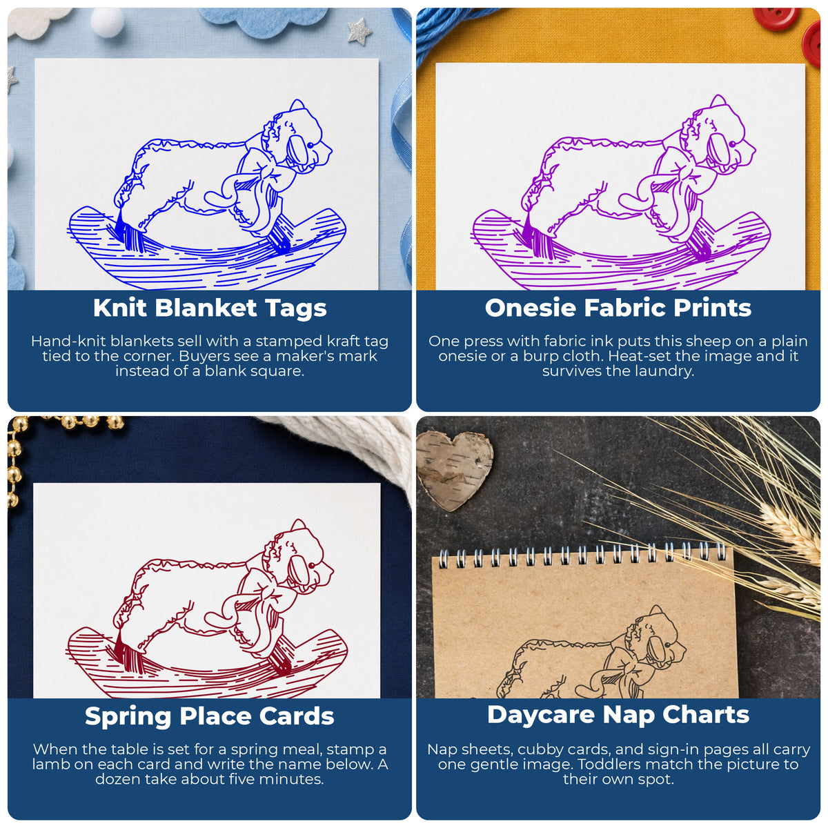 Rocking Sheep Rubber Stamp project ideas: Knit Blanket Tags, Onesie Fabric Prints, Spring Place Cards and Daycare Nap Charts.