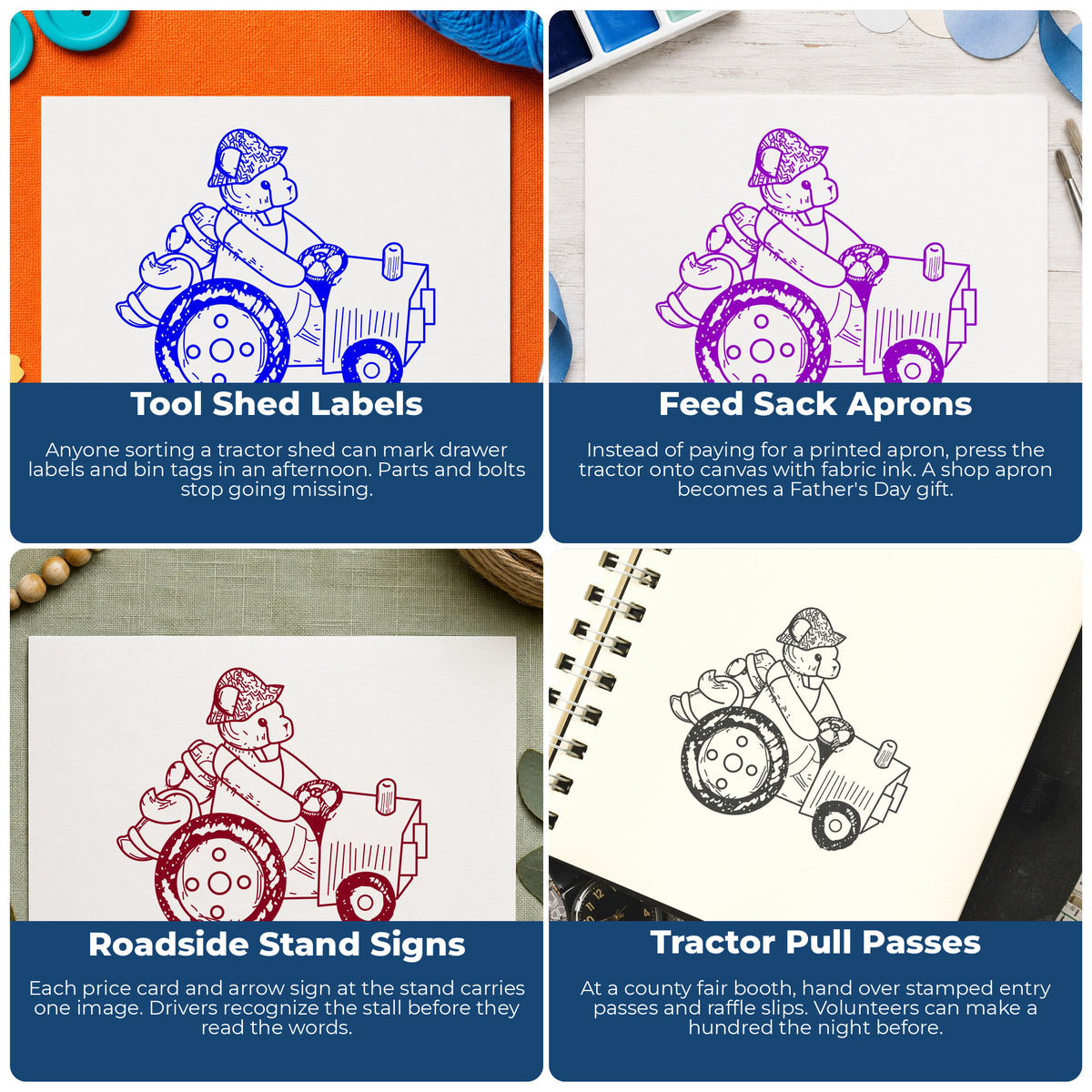 Two Bears on a Tractor Rubber Stamp project ideas: Tool Shed Labels, Feed Sack Aprons, Roadside Stand Signs and Tractor Pull Passes.