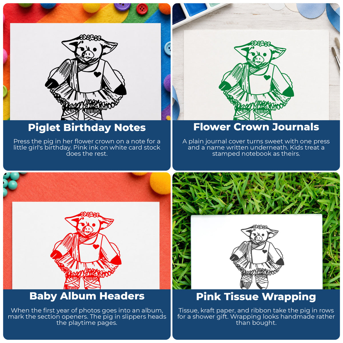 Ballet Pig with Flower Crown Rubber Stamp project ideas: Piglet Birthday Notes, Flower Crown Journals, Baby Album Headers and Pink Tissue Wrapping.