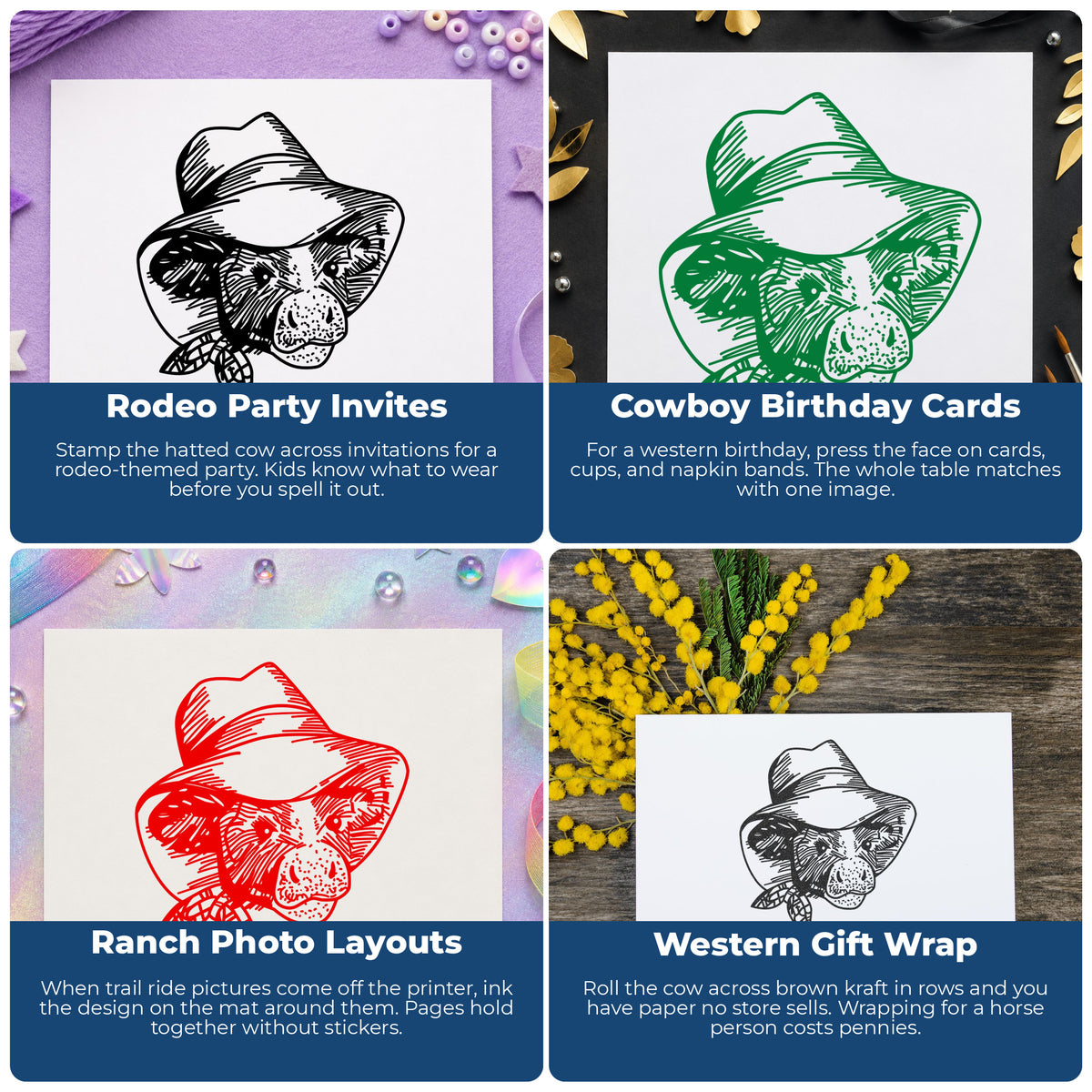 Cow in Cowboy Hat Rubber Stamp project ideas: Rodeo Party Invites, Cowboy Birthday Cards, Ranch Photo Layouts and Western Gift Wrap.