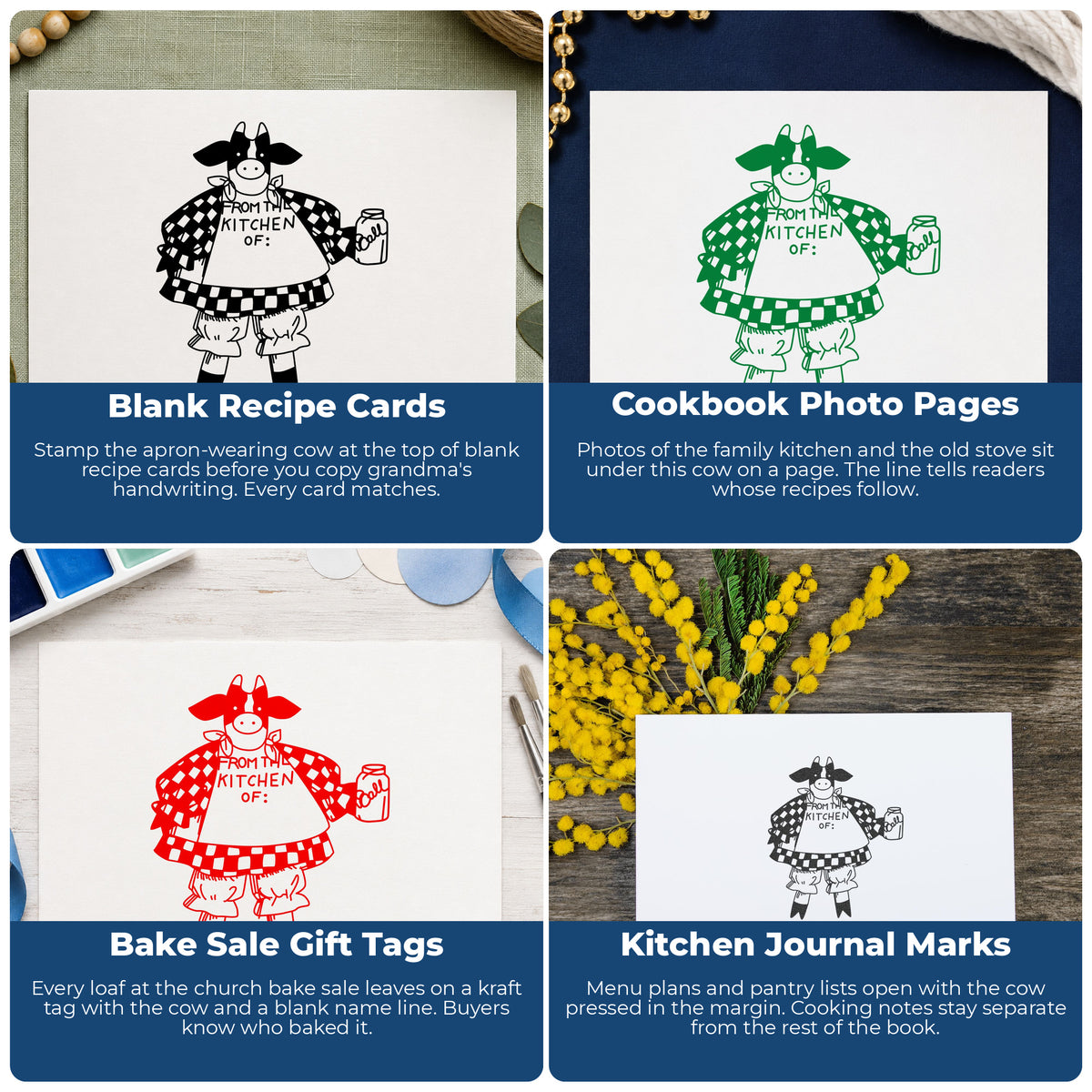 From the Kitchen Of Cow Rubber Stamp project ideas: Blank Recipe Cards, Cookbook Photo Pages, Bake Sale Gift Tags and Kitchen Journal Marks.
