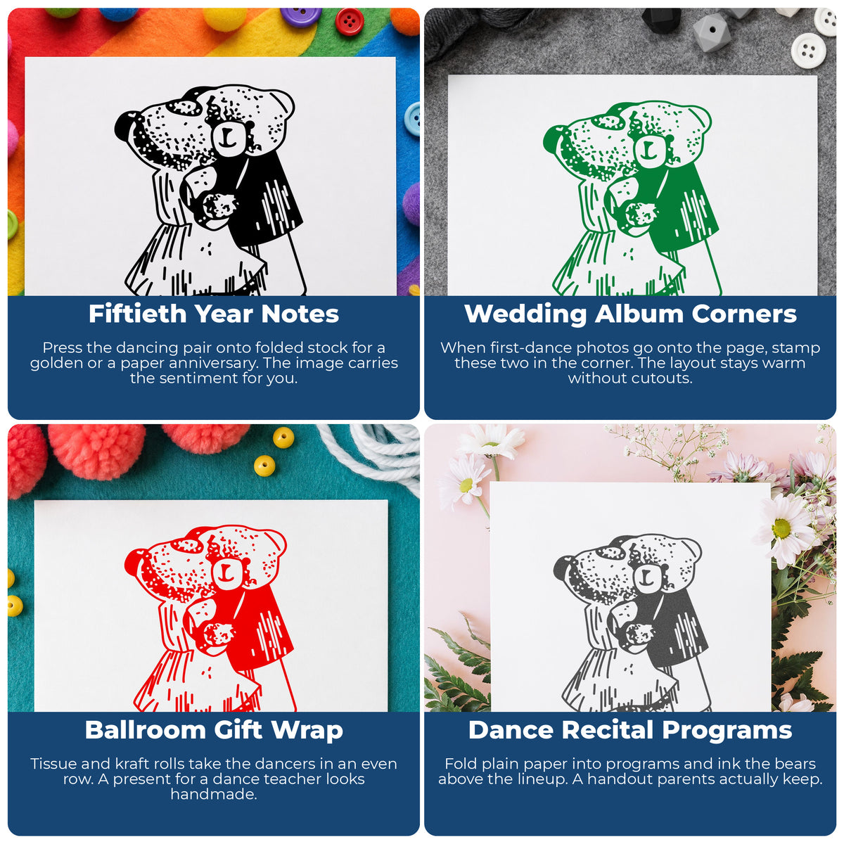 Dancing Teddy Bear Couple Rubber Stamp project ideas: Fiftieth Year Notes, Wedding Album Corners, Ballroom Gift Wrap and Dance Recital Programs.