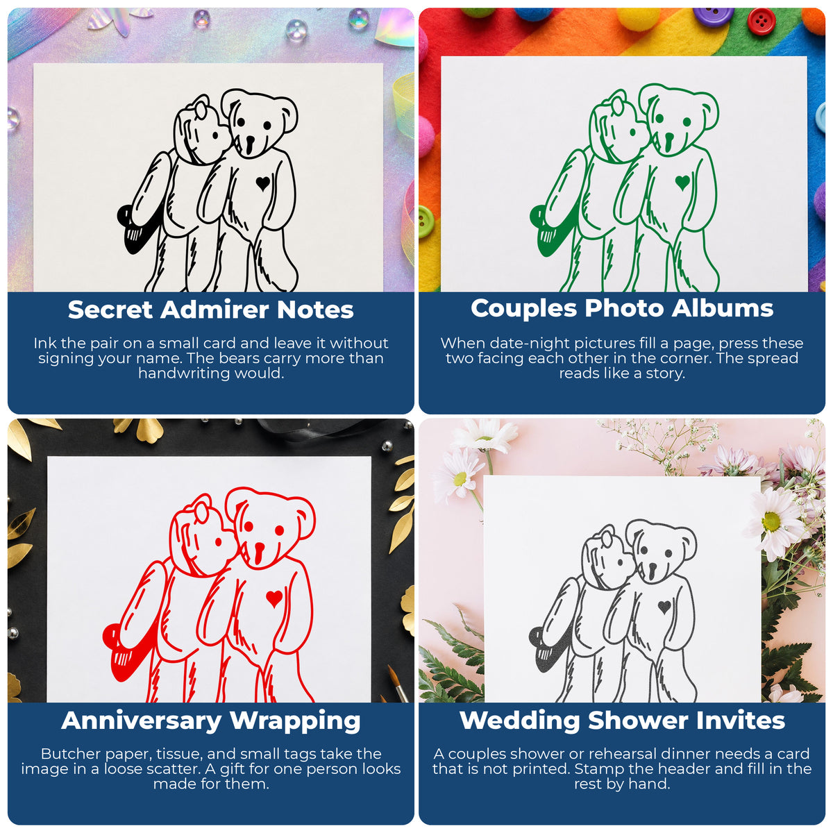 Kissing Bears with Hidden Valentines Rubber Stamp project ideas: Secret Admirer Notes, Couples Photo Albums, Anniversary Wrapping and Wedding Shower Invites.