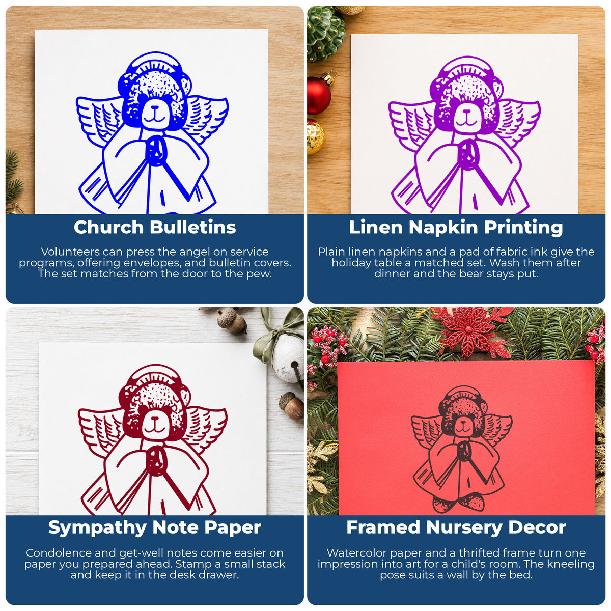 Praying Angel Bear Rubber Stamp project ideas: Church Bulletins, Linen Napkin Printing, Sympathy Note Paper and Framed Nursery Decor.