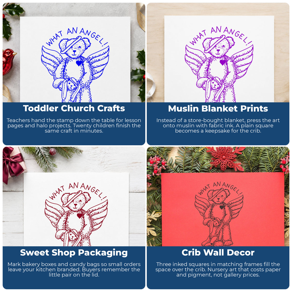 What an Angel Bear and Bunny Rubber Stamp project ideas: Toddler Church Crafts, Muslin Blanket Prints, Sweet Shop Packaging and Crib Wall Decor.