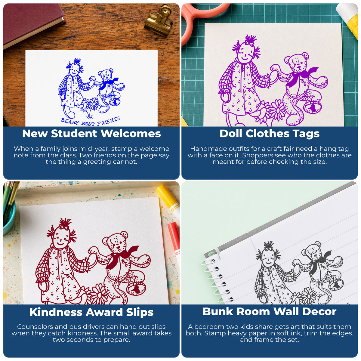Beary Best Friends Bear and Doll Rubber Stamp project ideas: New Student Welcomes, Doll Clothes Tags, Kindness Award Slips and Bunk Room Wall Decor.