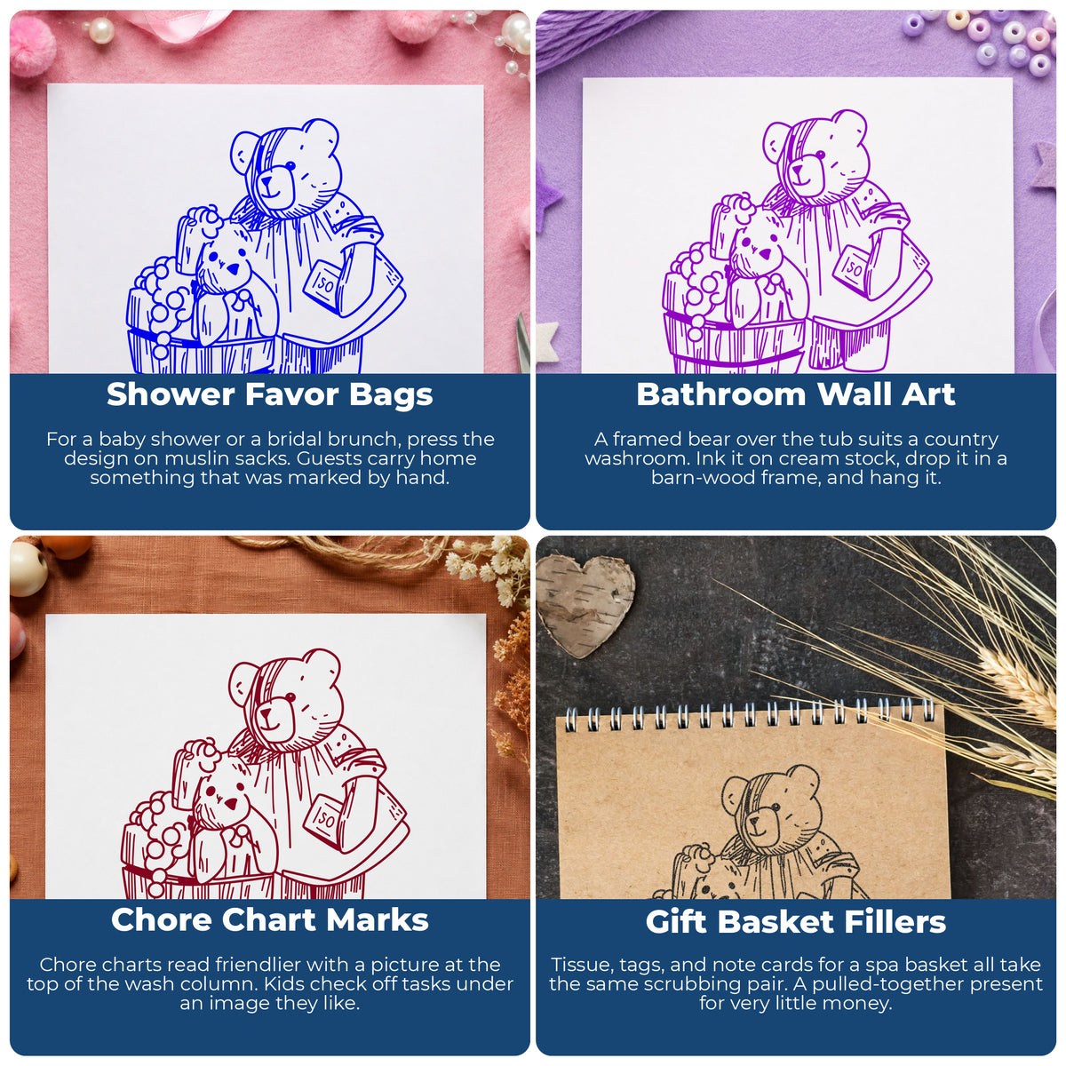 Bear Washing Teddy in Barrel Rubber Stamp project ideas: Shower Favor Bags, Bathroom Wall Art, Chore Chart Marks and Gift Basket Fillers.