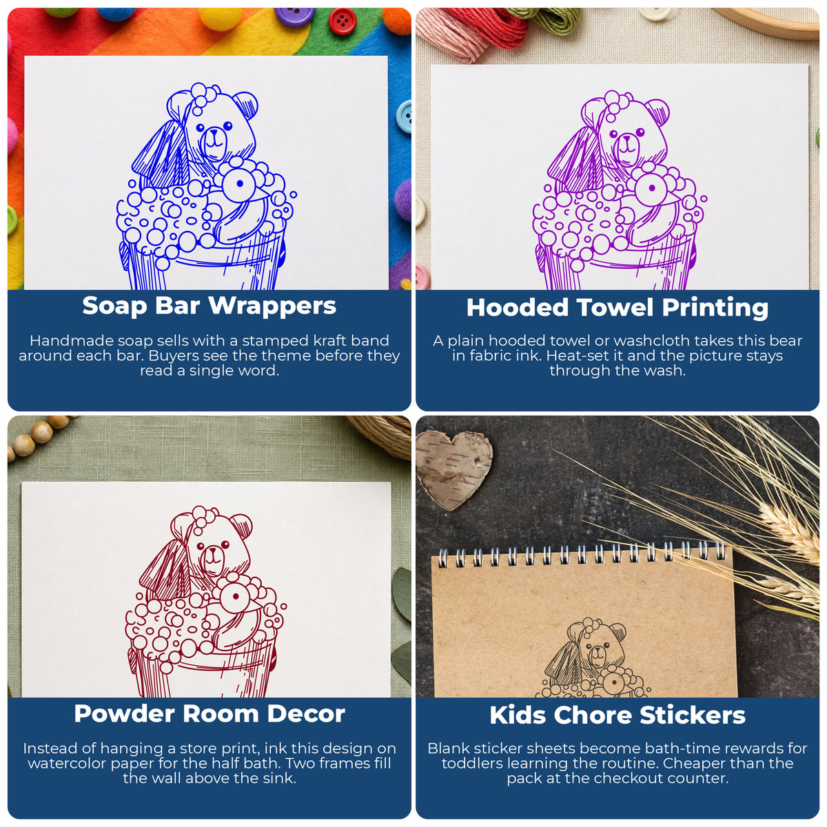 Bathing Bear with Duck Rubber Stamp project ideas: Soap Bar Wrappers, Hooded Towel Printing, Powder Room Decor and Kids Chore Stickers.