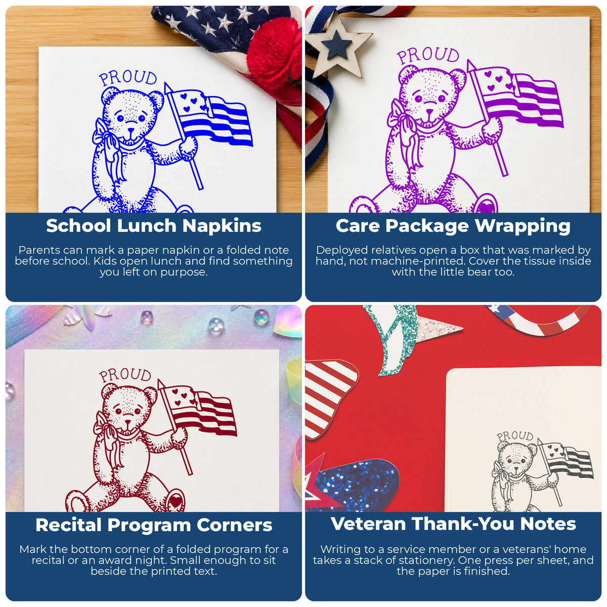 Proud of You Flag Bear Rubber Stamp Small project ideas: School Lunch Napkins, Care Package Wrapping, Recital Program Corners and Veteran Thank-You Notes.