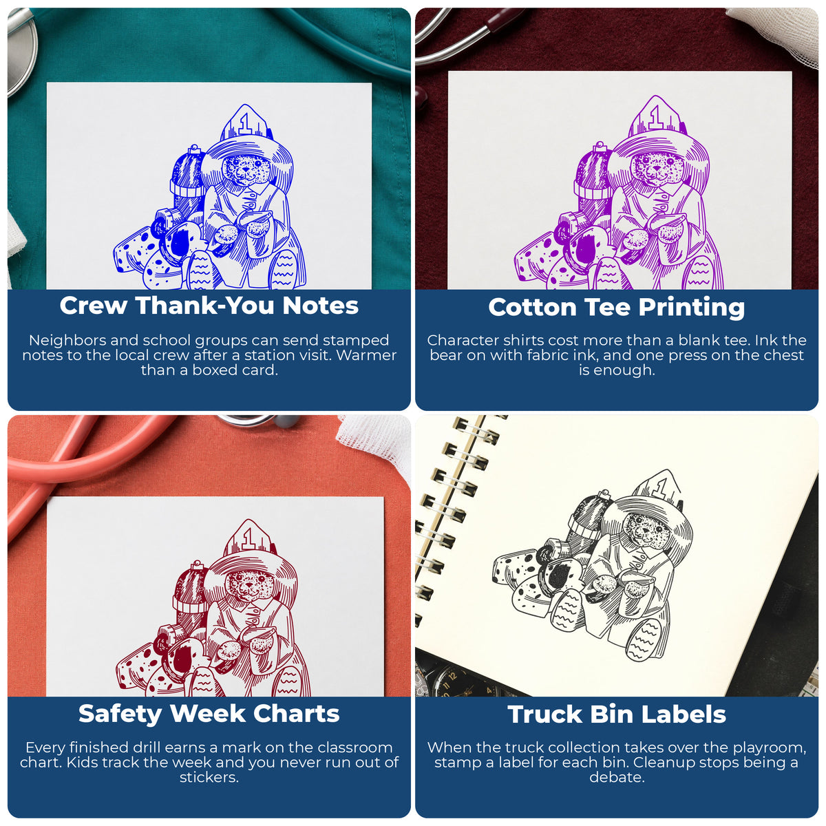 Firefighter Bear with Dog and Hydrant Rubber Stamp project ideas: Crew Thank-You Notes, Cotton Tee Printing, Safety Week Charts and Truck Bin Labels.