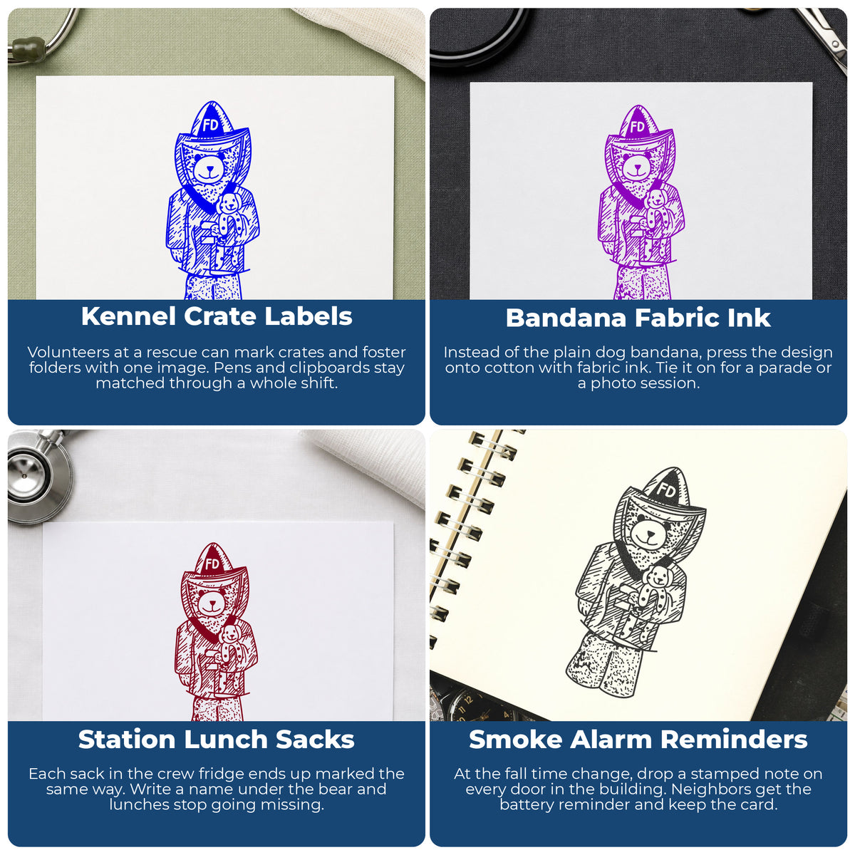 Firefighter Bear Holding Dalmatian Rubber Stamp project ideas: Kennel Crate Labels, Bandana Fabric Ink, Station Lunch Sacks and Smoke Alarm Reminders.