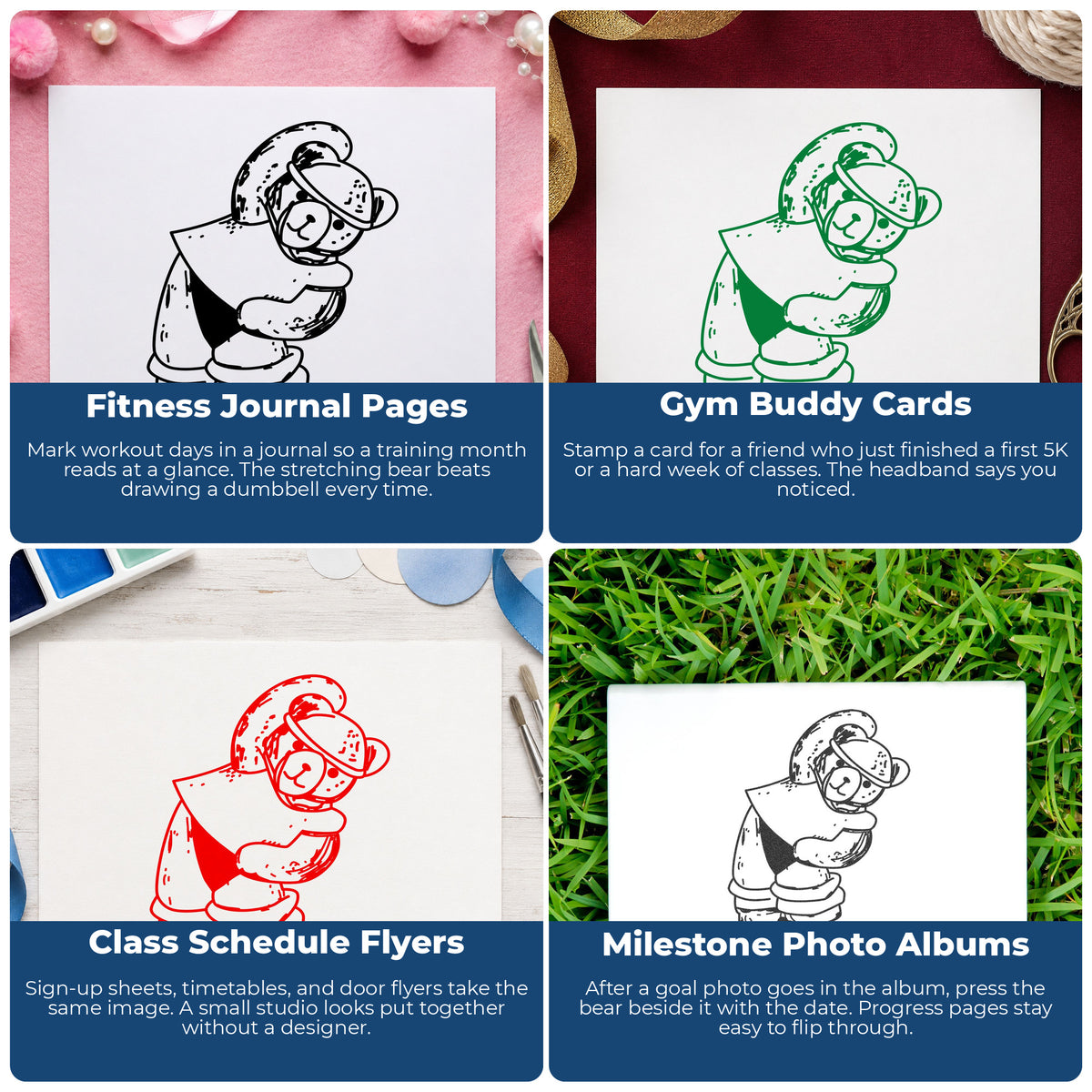 Workout Bear in Headband Rubber Stamp project ideas: Fitness Journal Pages, Gym Buddy Cards, Class Schedule Flyers and Milestone Photo Albums.